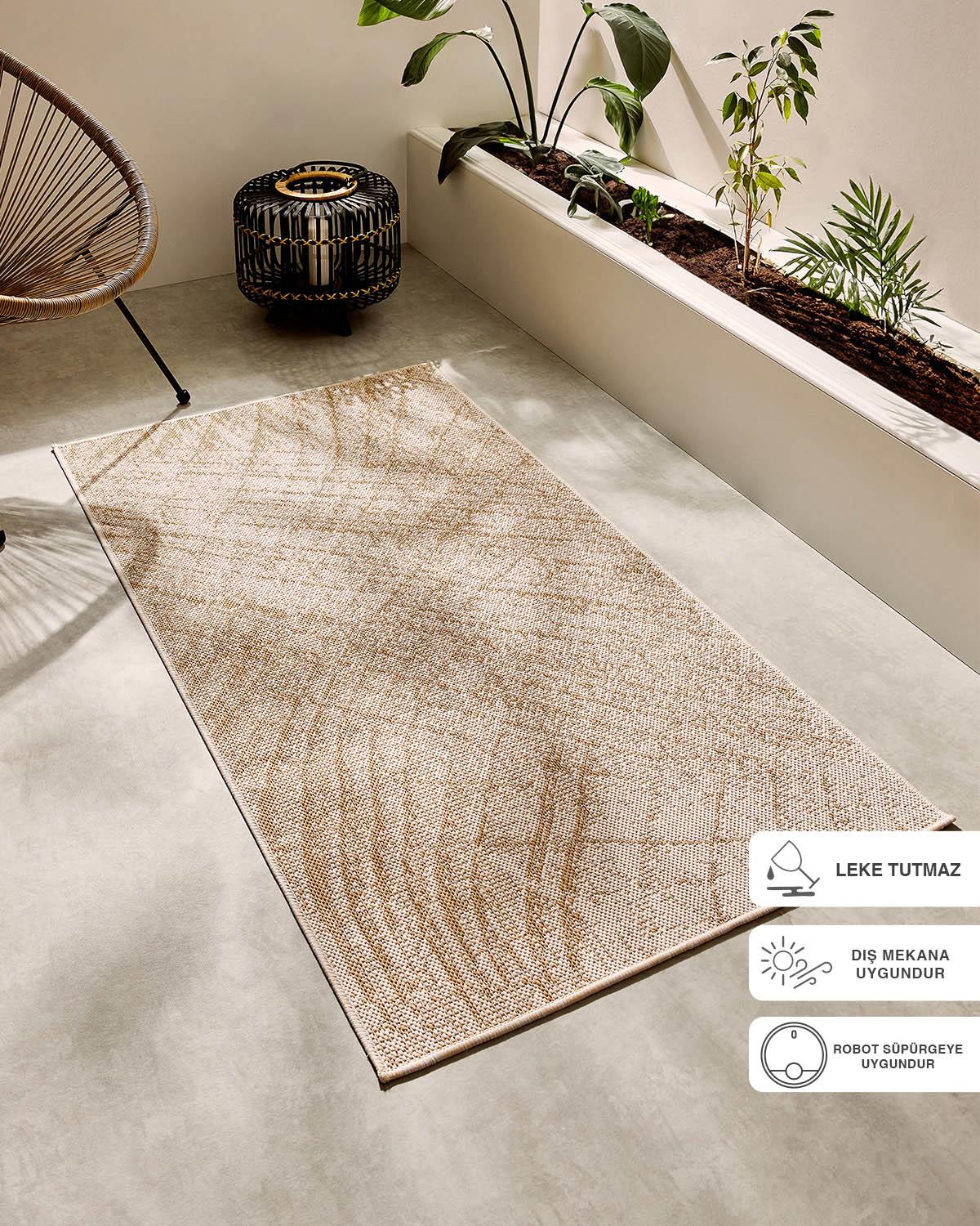 Leke Tutmaz İç Dış Mekan Bej Renk Desenli Halı Kilim 80 x 150 cm