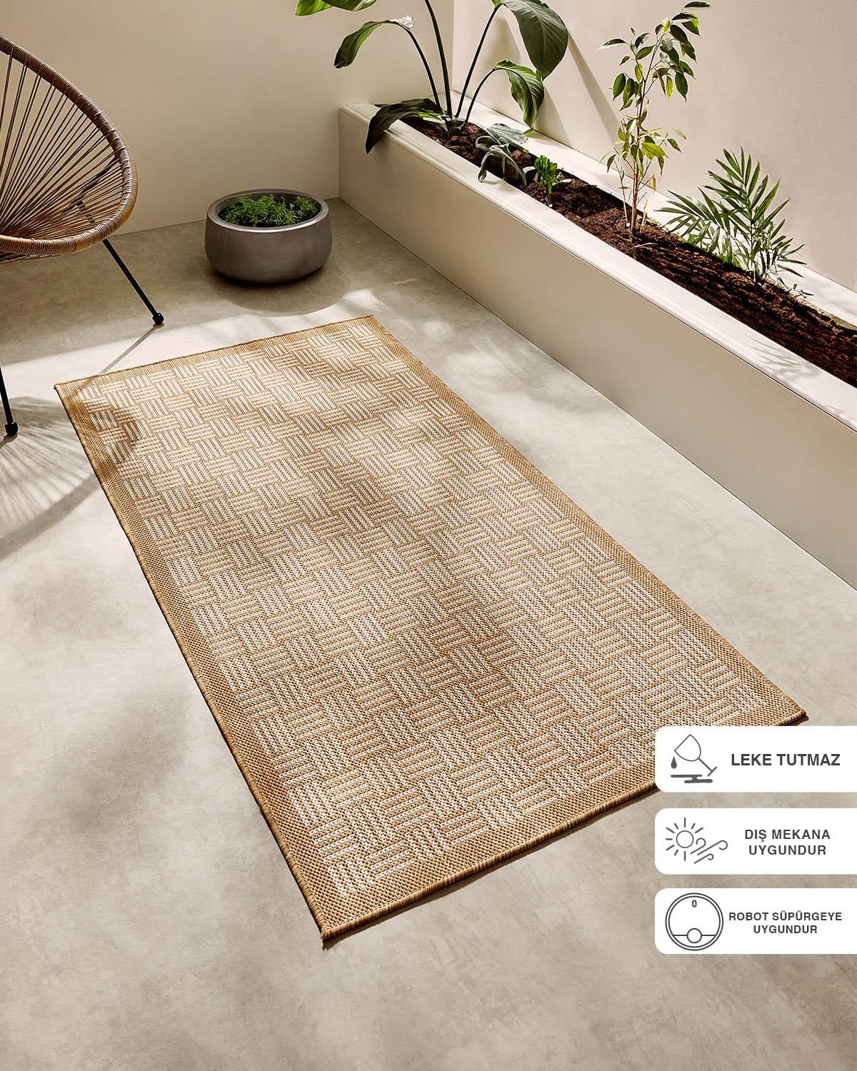 Leke Tutmaz İç Dış Mekan Bej Renk Hasır Desenli Halı Kilim 80 x 150 cm