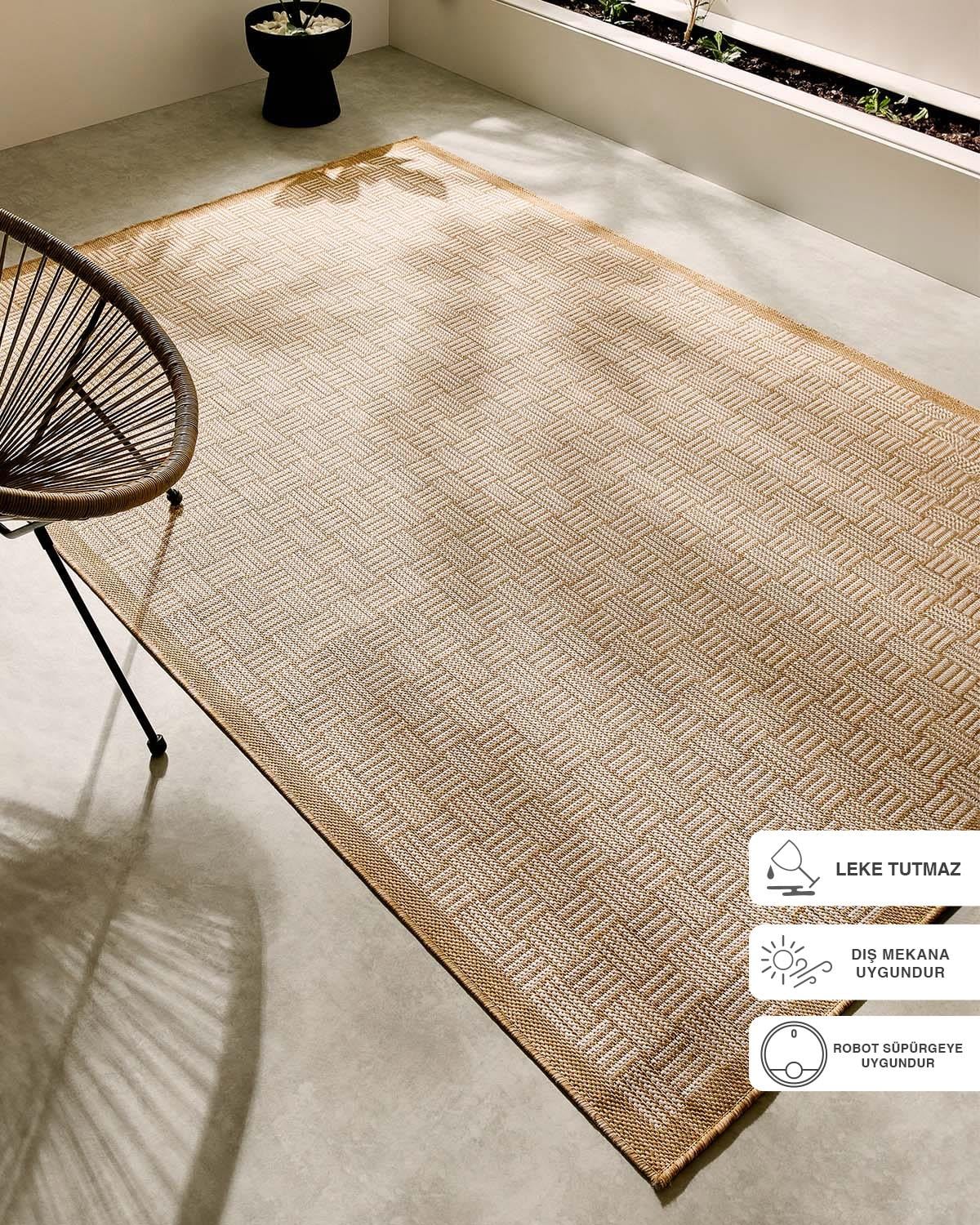 Leke Tutmaz İç Dış Mekan Bej Renk Hasır Desenli Halı Kilim 120 x 180 cm