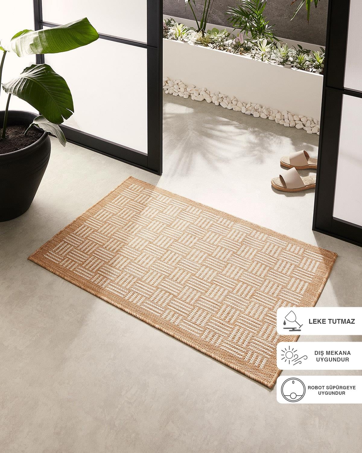 Leke Tutmaz İç Dış Mekan Bej Renk Hasır Desenli Paspas 60 x 90 cm
