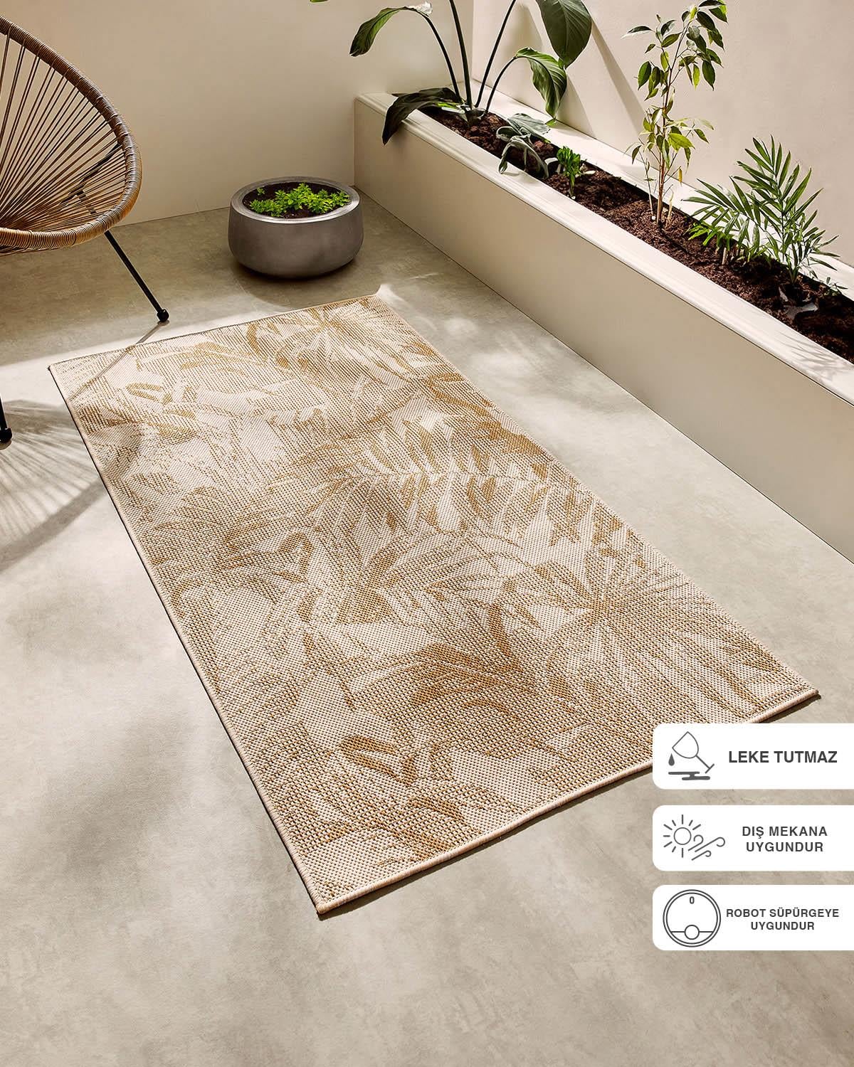 Leke Tutmaz İç Dış Mekan Bej Renk Tropikal Desenli Halı Kilim 80 x 150 cm
