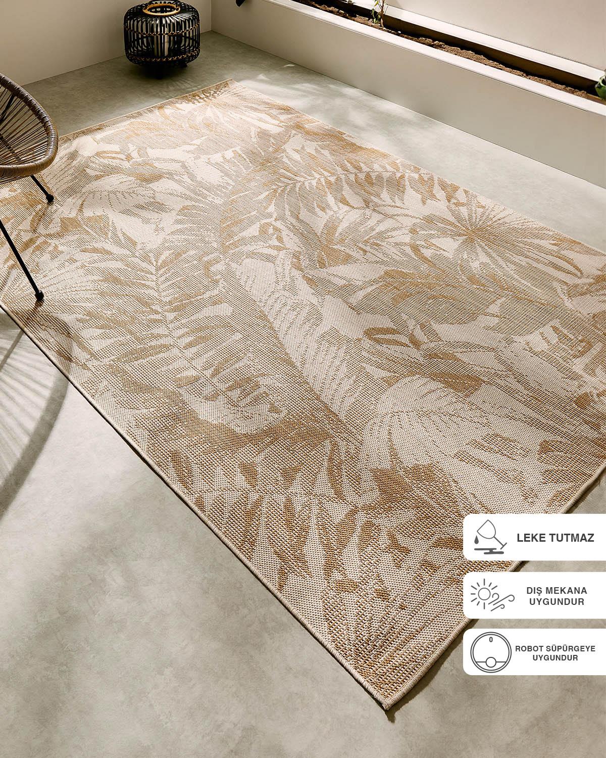 Leke Tutmaz İç Dış Mekan Bej Renk Tropikal Desenli Halı Kilim 120 x 180 cm