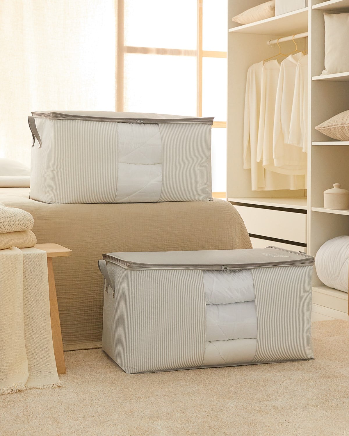 Ocean Home 2'li Mega Boy Pvc Pencereli Stuff&Things Gri Çizgili Hurç Set // 75x40x40