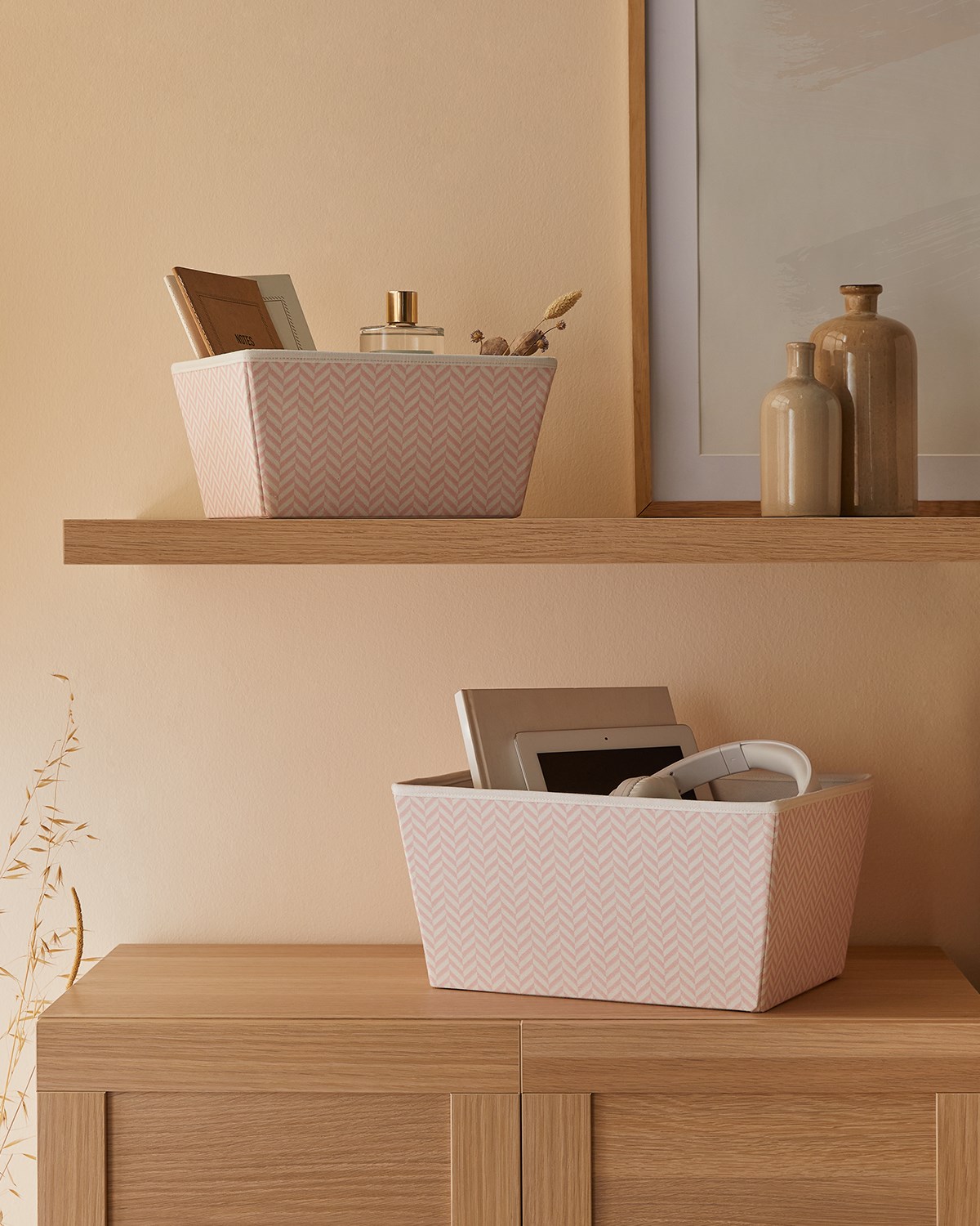 Ocean Home 2'li Pembe Desenli Kumaş Kutu Set // 27x20x13,5+25x34x18