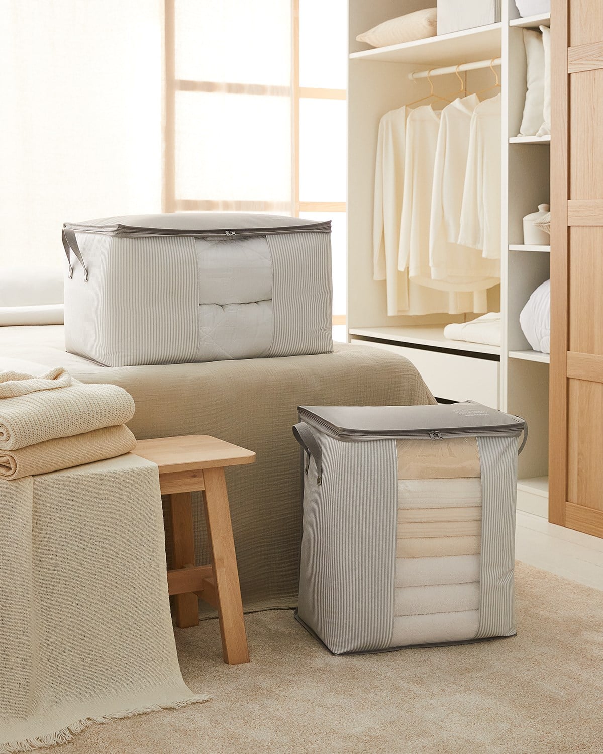 Ocean Home 2'li Pvc Pencereli Stuff&Things Gri Çizgili Hurç Set 