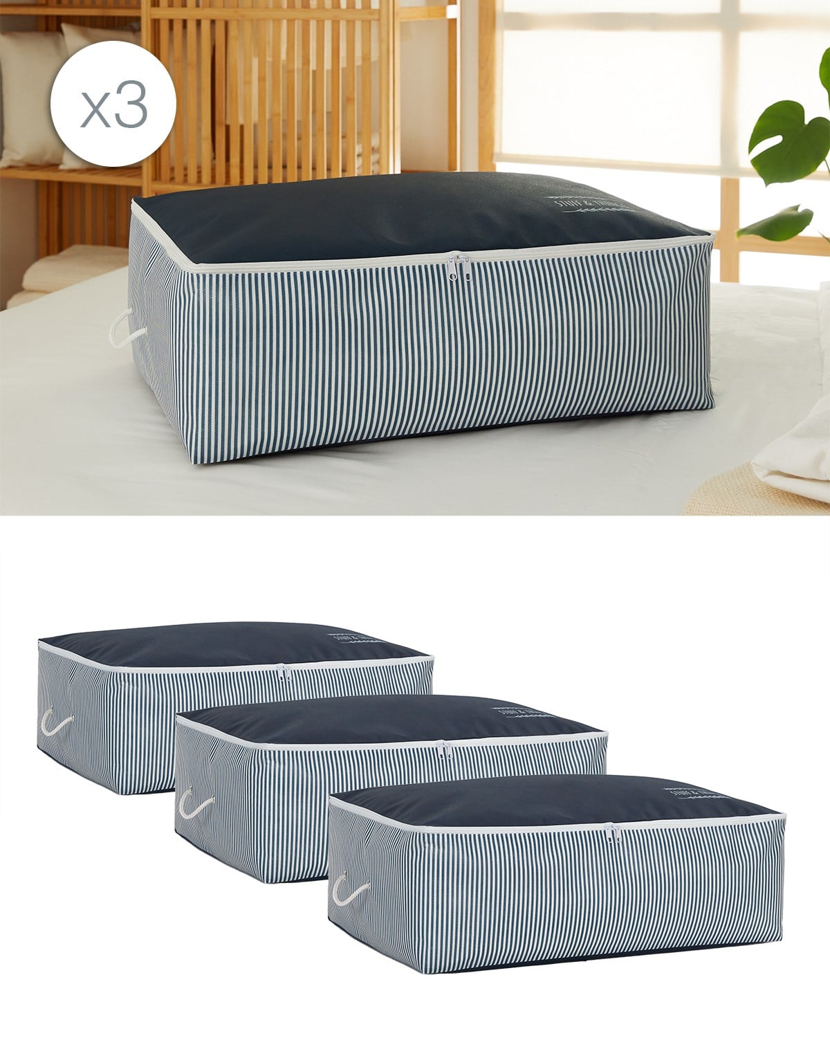 Ocean Home 3 Adet Büyük Boy Stuff&Things Lacivert Çizgili Baza Altı Hurç Set