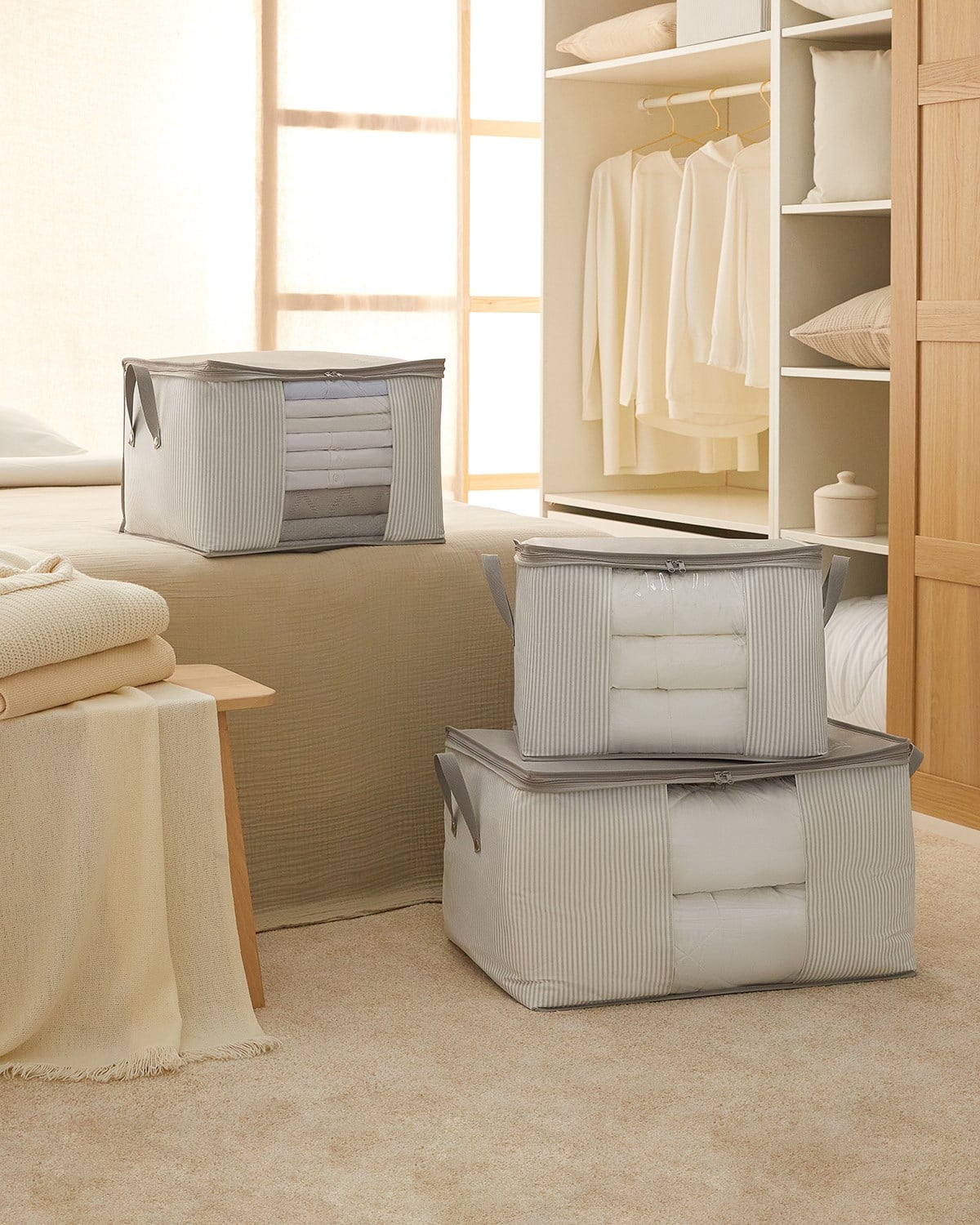 Ocean Home 3'lü Pvc Pencereli Stuff&Things Gri Çizgili Hurç Set 