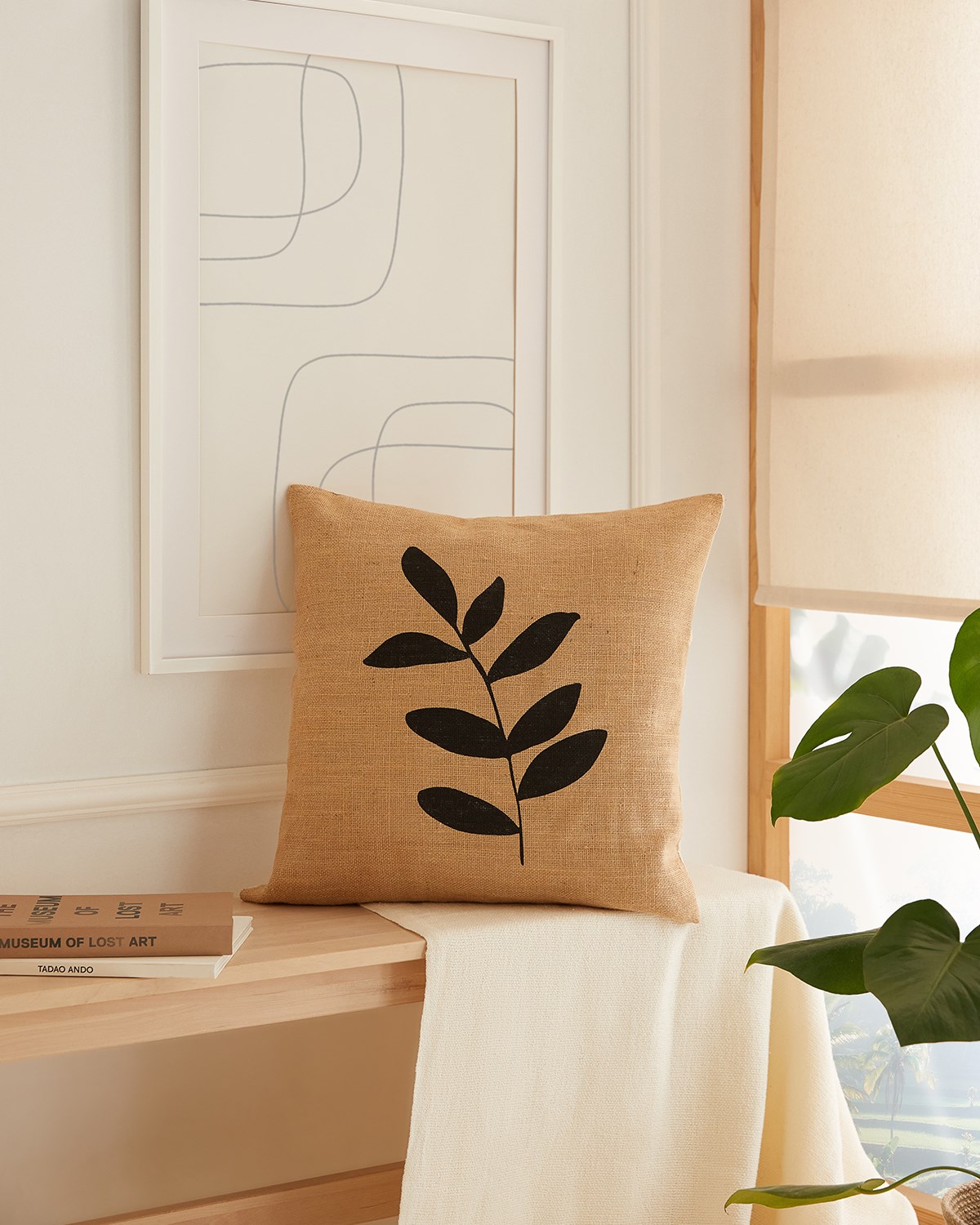 Ocean Home Blok Yaprak Baskılı Naturel Jüt Kırlent Kılıfı // 50x50