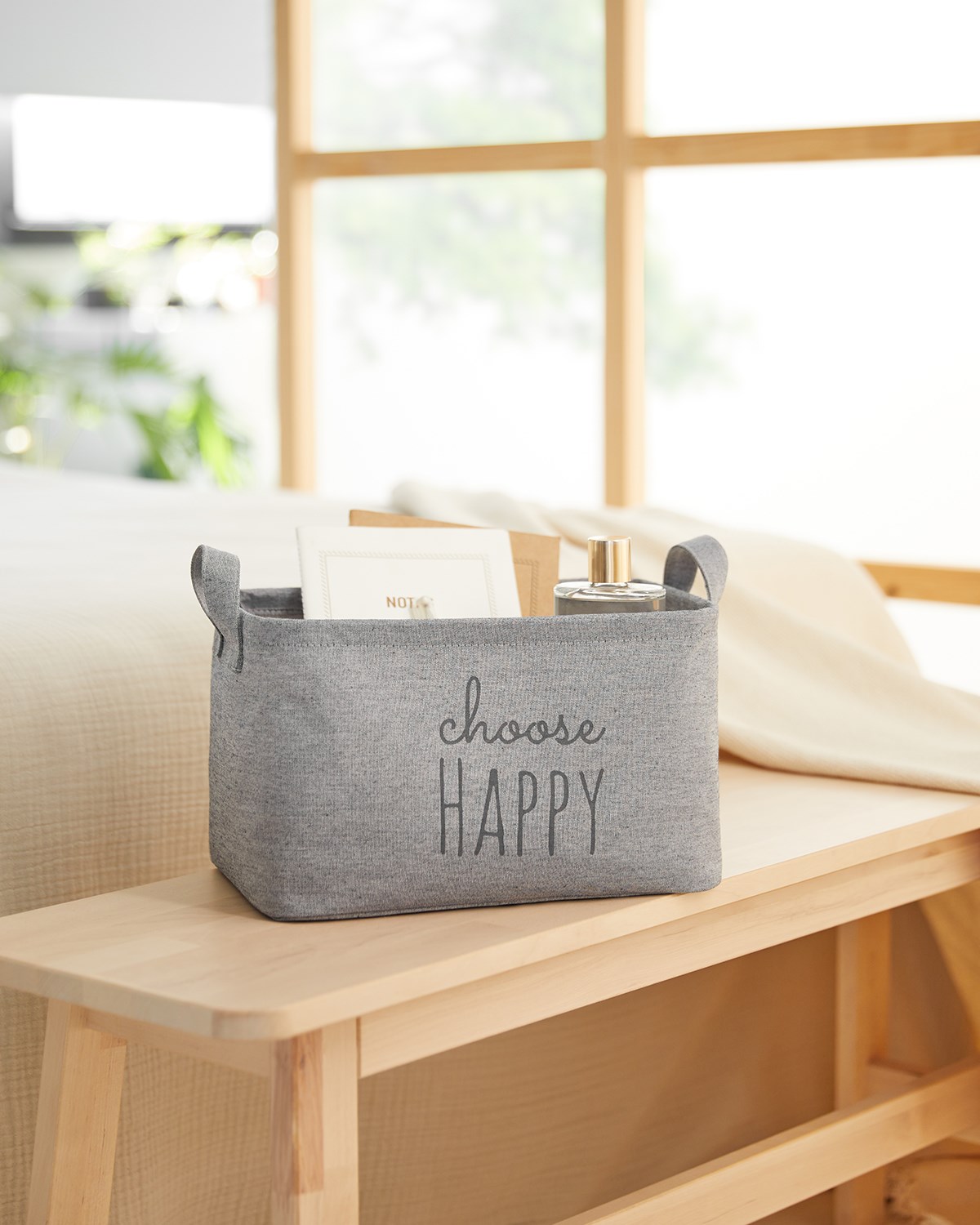 Ocean Home Choose Happy Baskılı Gri Sepet //30x21x18