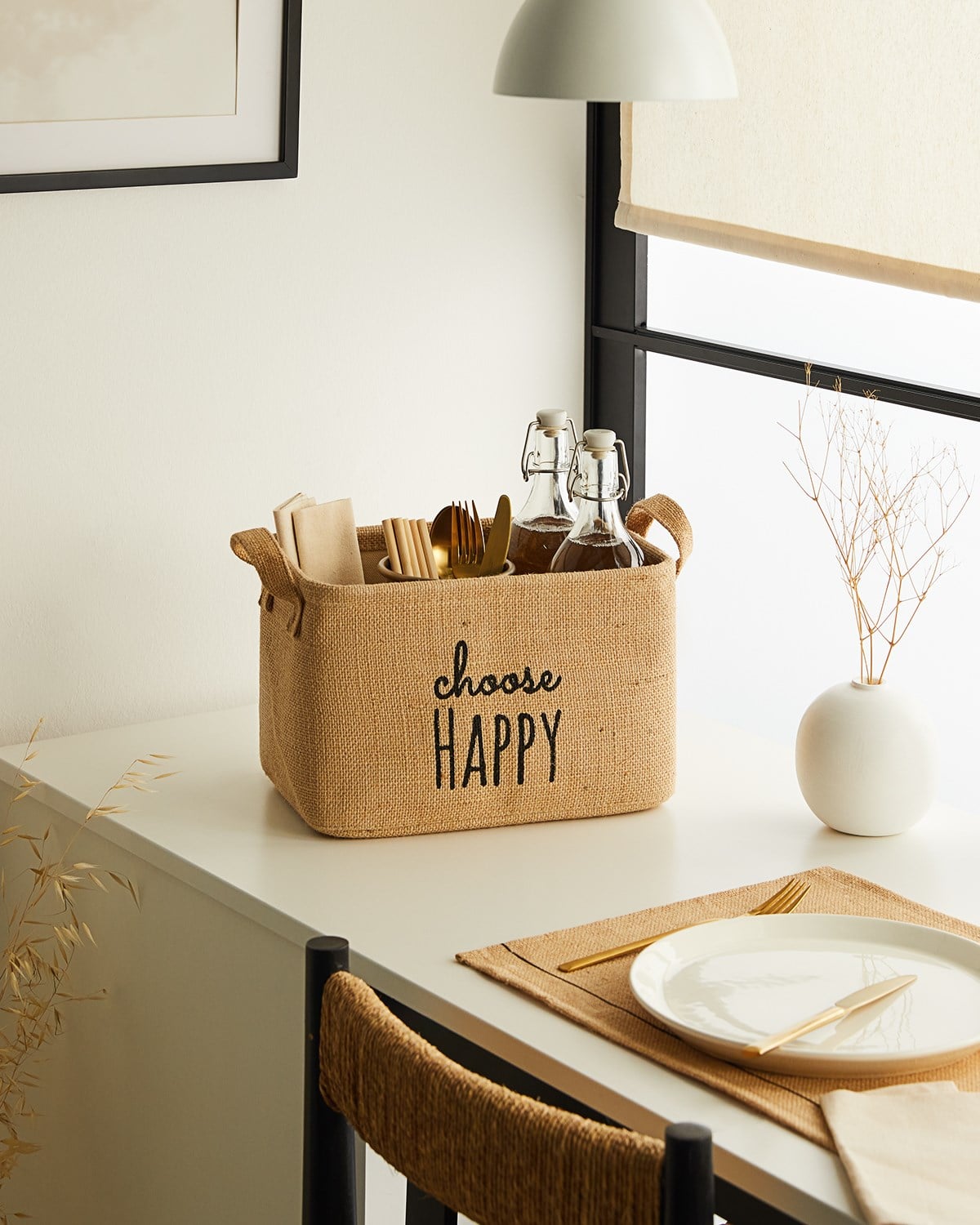 Ocean Home Choose Happy Baskılı Jüt Sepet //30x21x18
