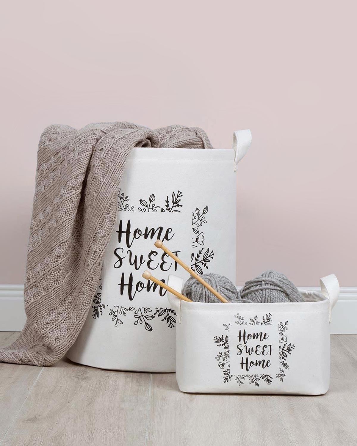 OCEAN HOME Home Sweet Home Baskılı Beyaz Sepet 2'li