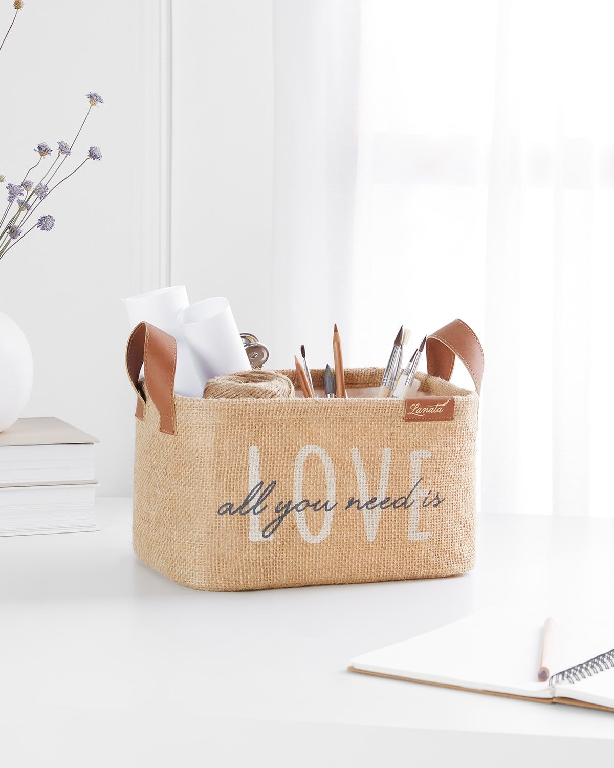 OCEAN HOME Lanata Love Baskılı Dikdörtgen Jüt Sepet //24x17x14