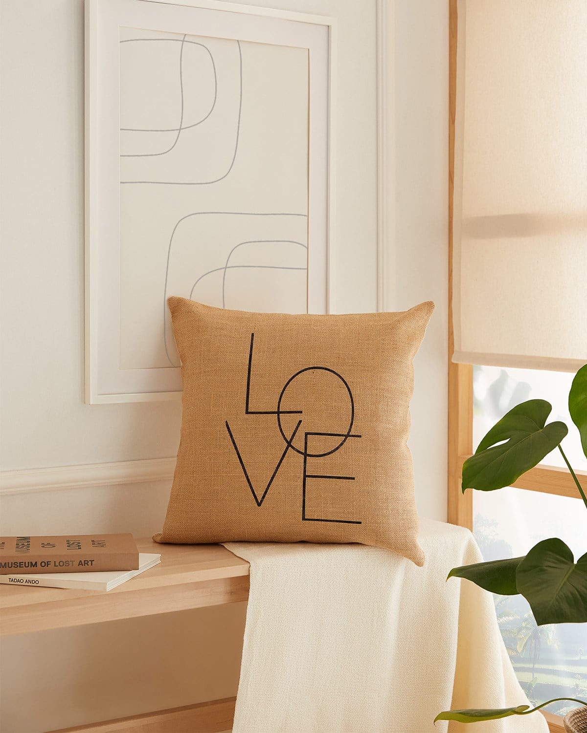 Ocean Home Love Baskılı Naturel Jüt Kırlent Kılıfı // 50x50