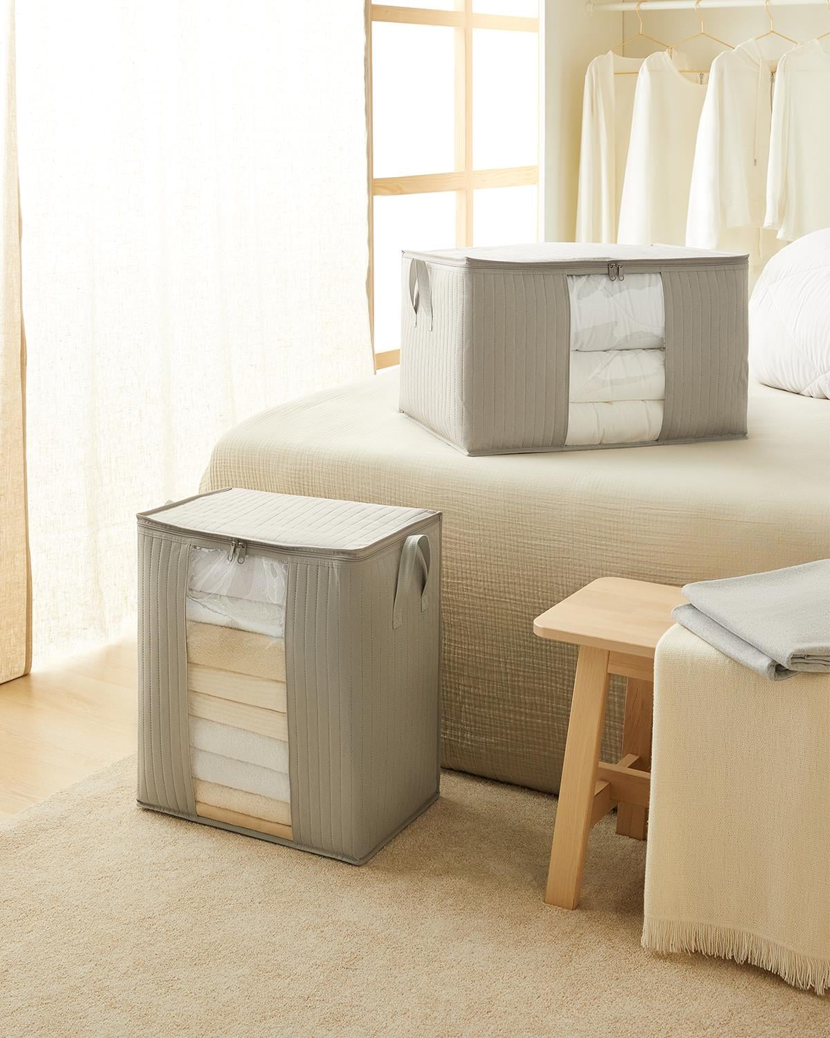 Ocean Home Textile 2'li Pvc Pencereli Gri Renk Kapitone Hurç Set 1 Adet 45 x 30 x 50 / 1 Adet 60 x 43 x 35 cm 