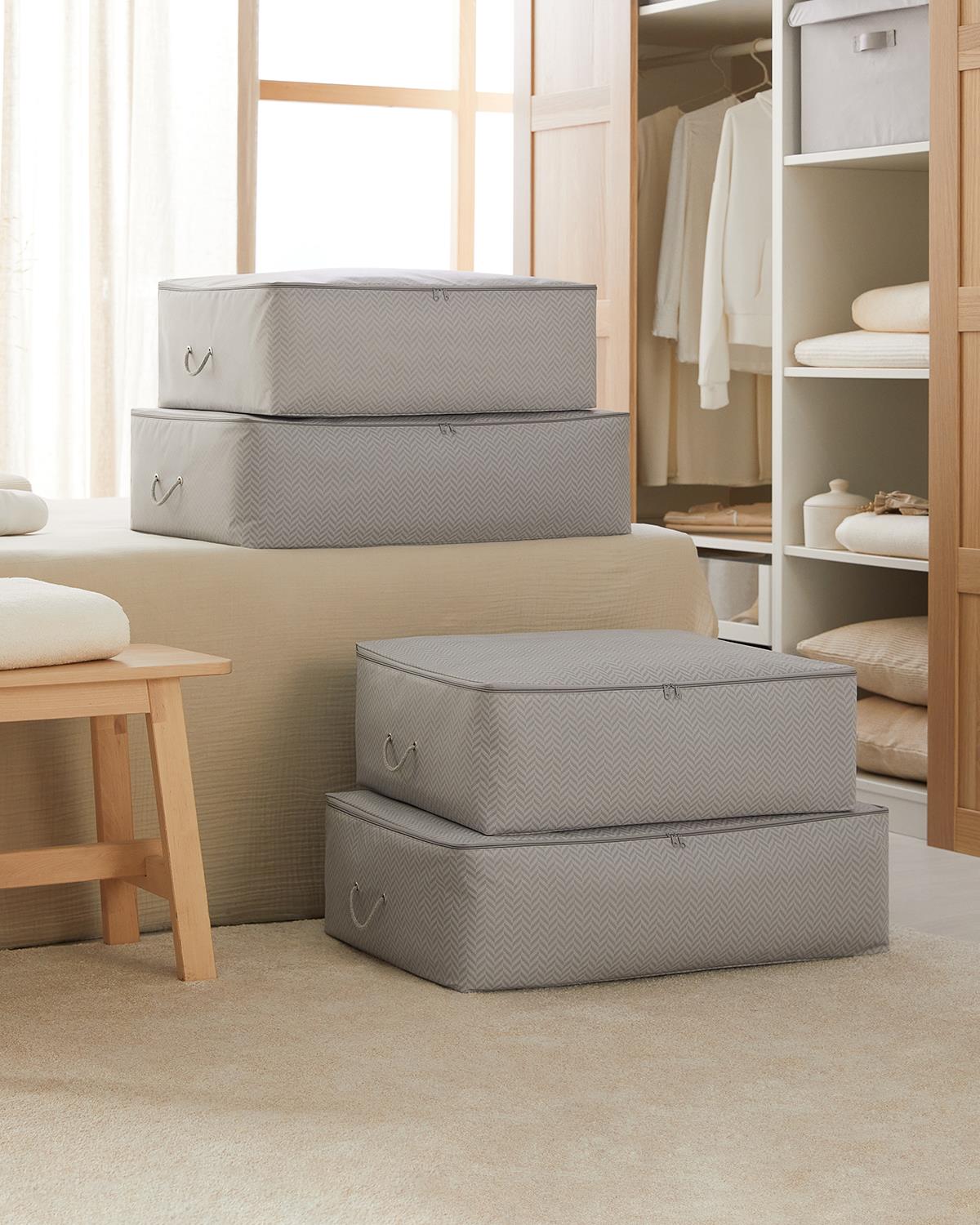 Ocean Home Textile 4'lü Gri Balıksırtı Baza Altı Hurç Set 2 Adet 62 x 46 x 22 / 2 Adet 74 x 46 x 22 cm