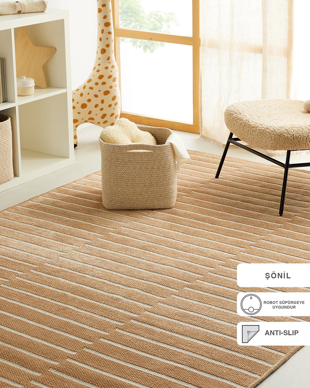 Ocean Home Textile Bej Renk Çizgi Desenli Şönil Halı Kilim 120 x 180 cm