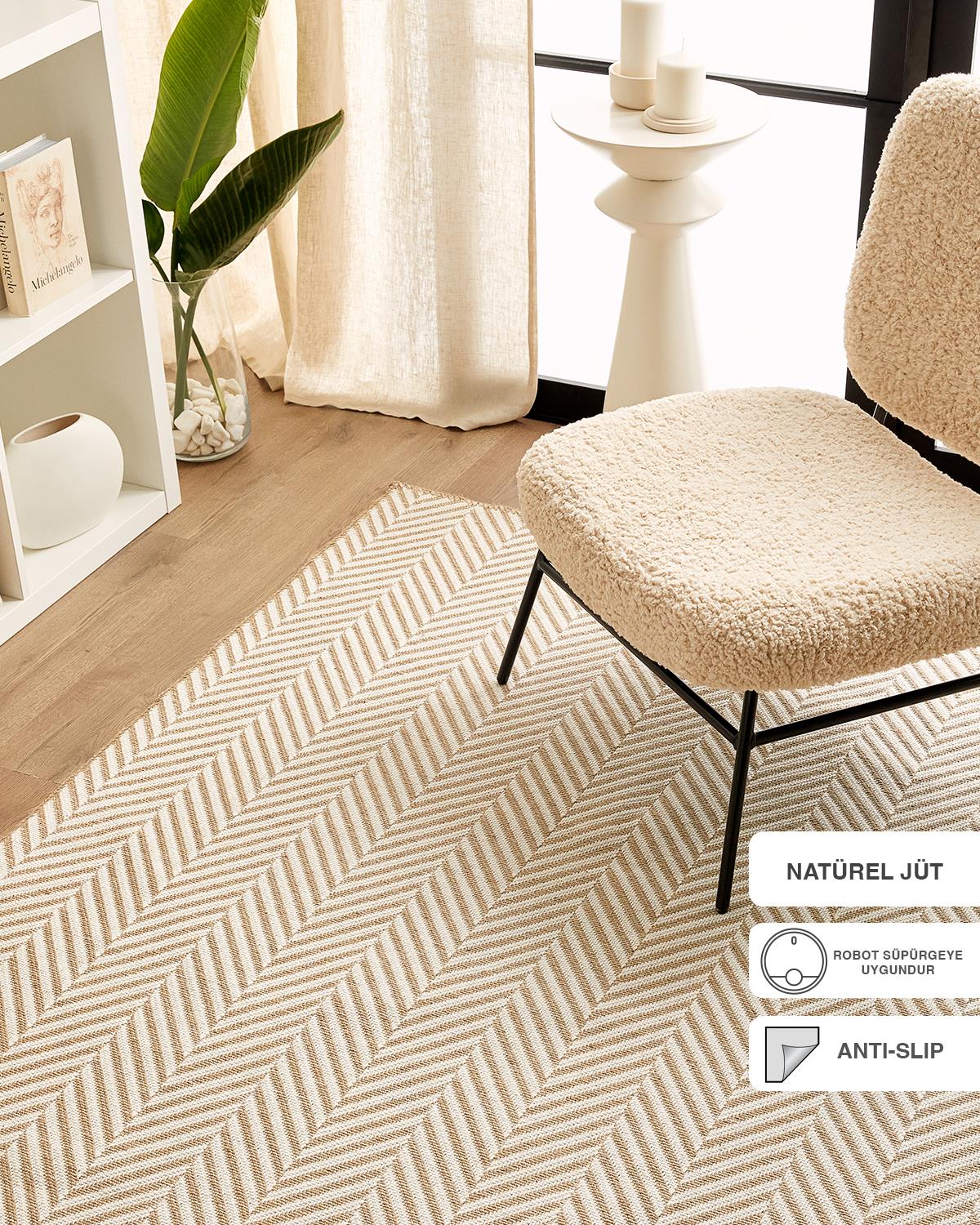 Ekru Renk Balıksırtı Jüt Halı Kilim 160 x 230 cm