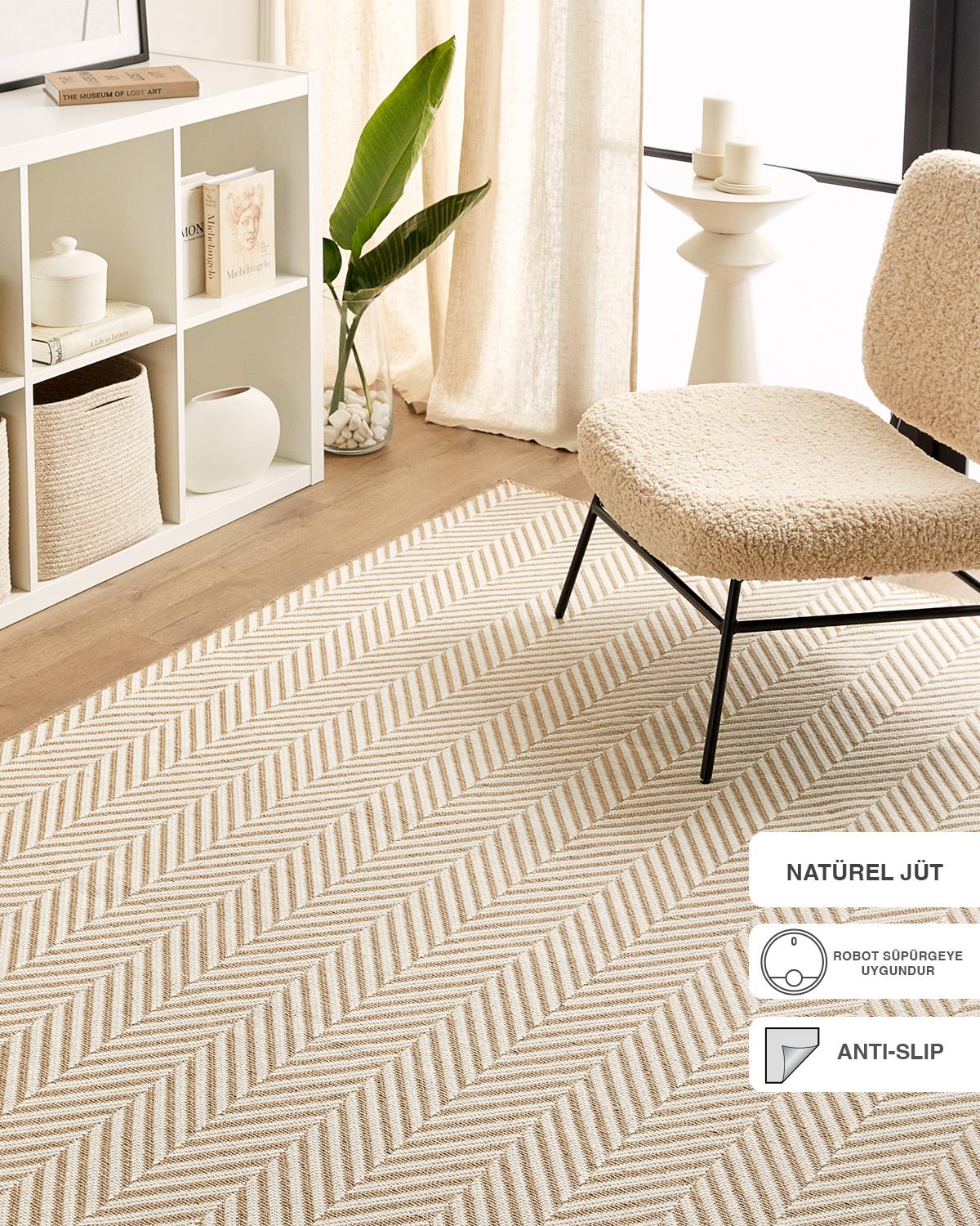 Ocean Home Textile Ekru Renk Balıksırtı Jüt Halı Kilim 120 x 180 cm
