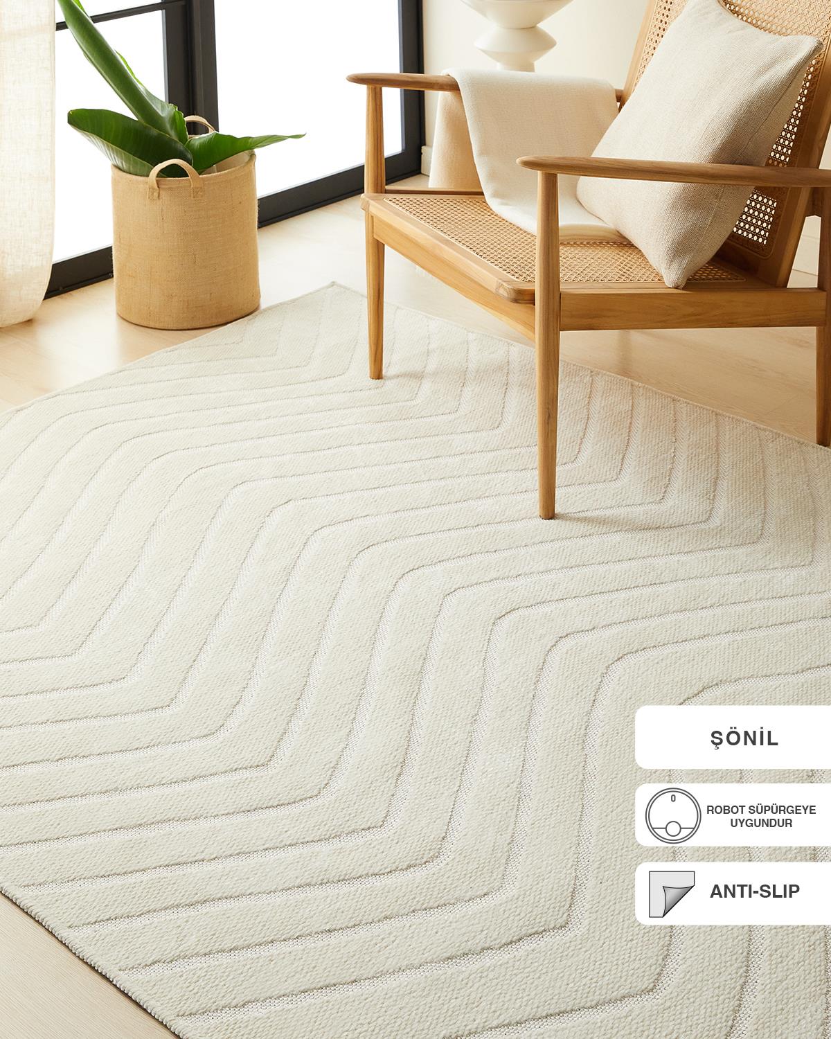 Ocean Home Textile Ekru Renk Dalga Desenli Şönil Halı Kilim 160 x 230 cm
