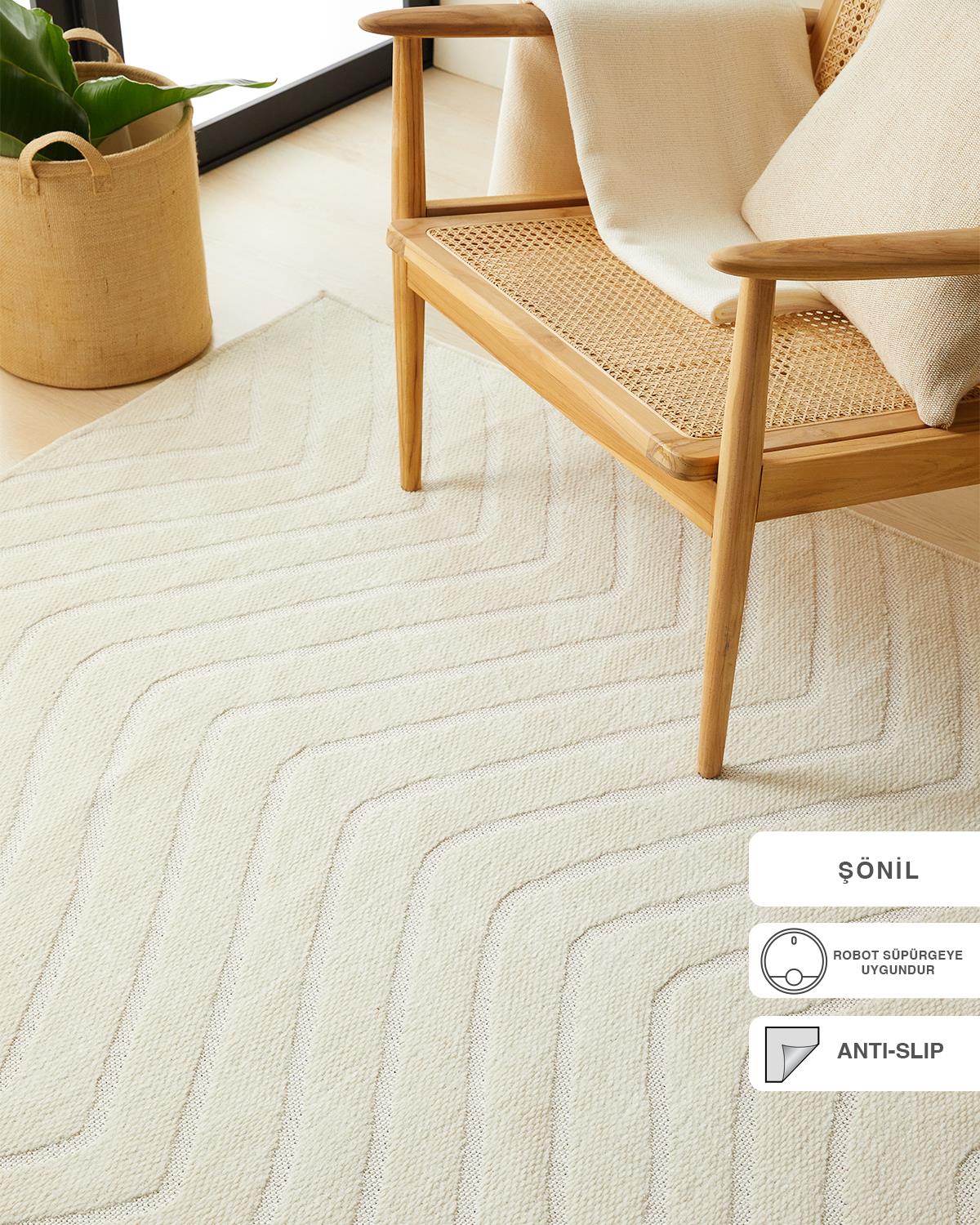 Ocean Home Textile Ekru Renk Dalga Desenli Şönil Halı Kilim 120 x 180 cm