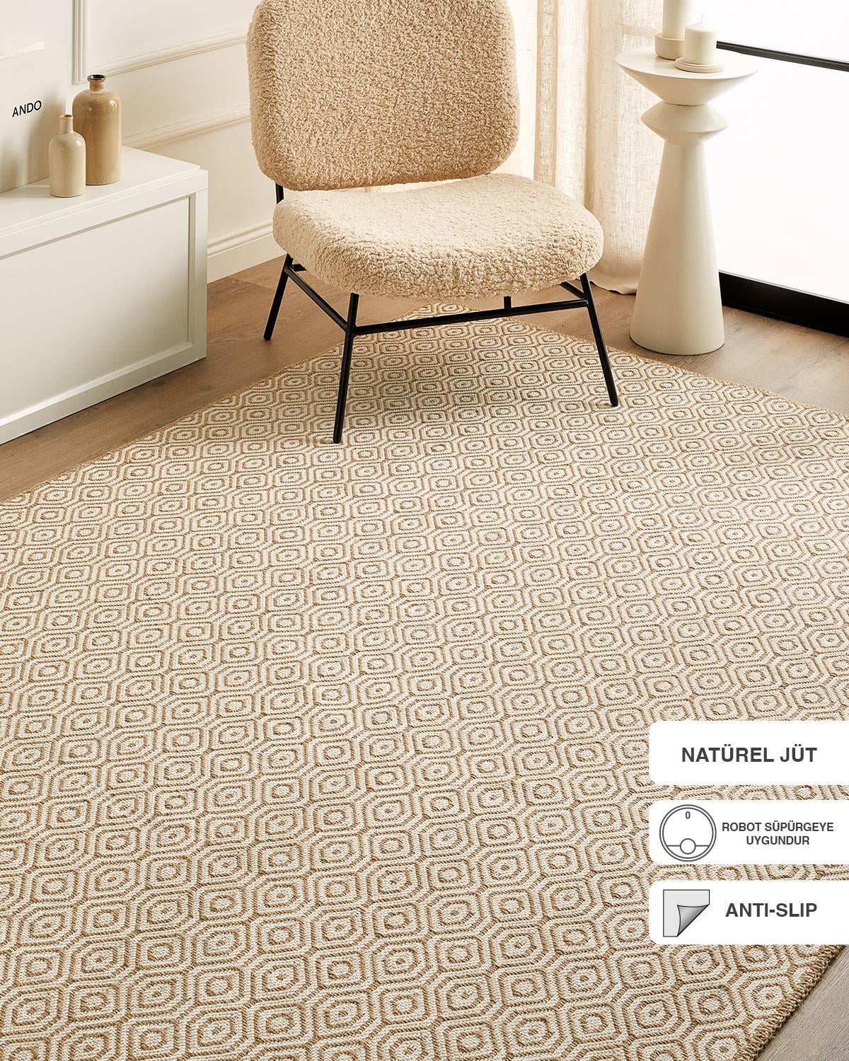 Ocean Home Textile Ekru Renk Karo Desenli Jüt Halı Kilim 120 x 180 cm