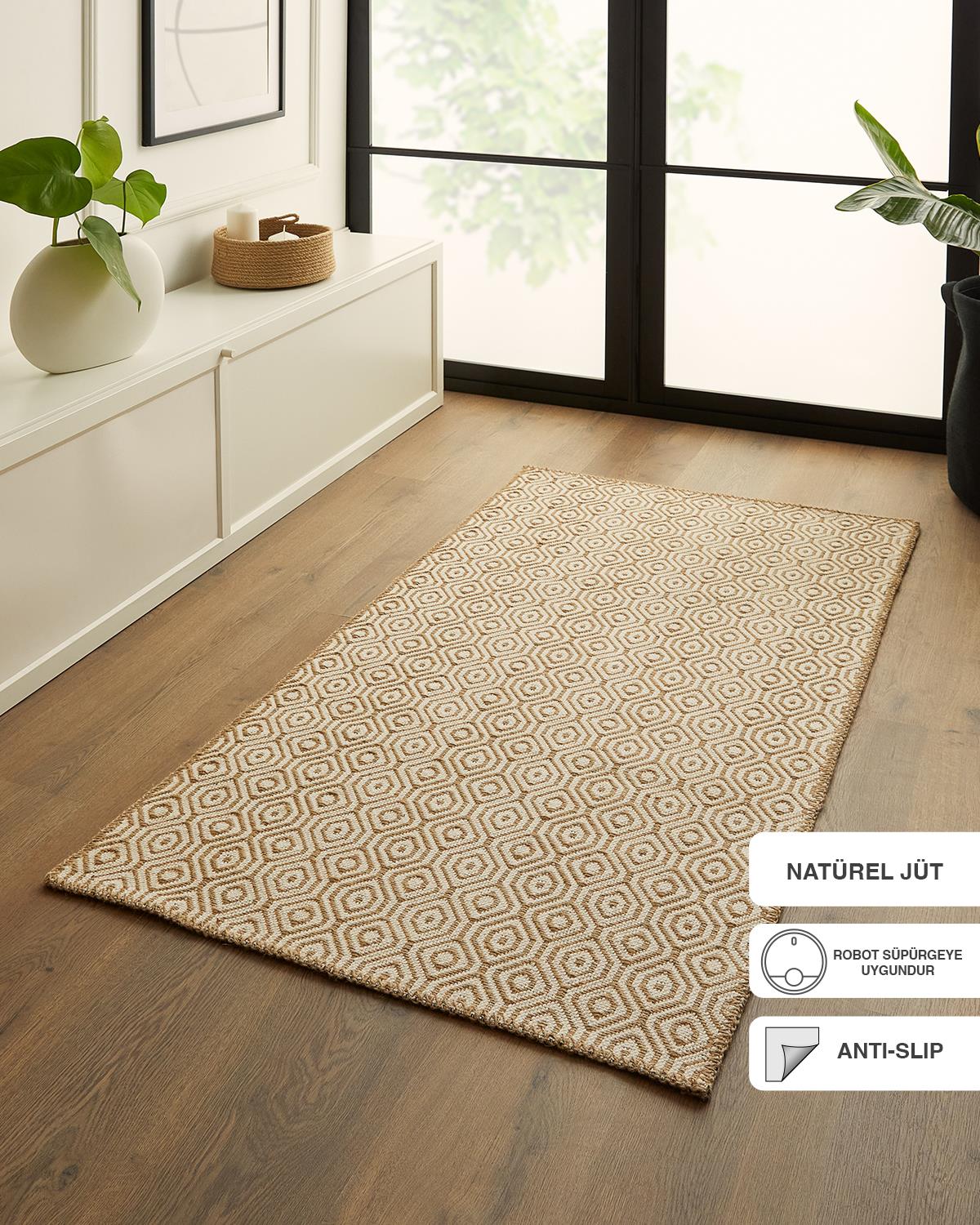 Ocean Home Textile Ekru Renk Karo Desenli Jüt Halı Kilim 80 x 150 cm
