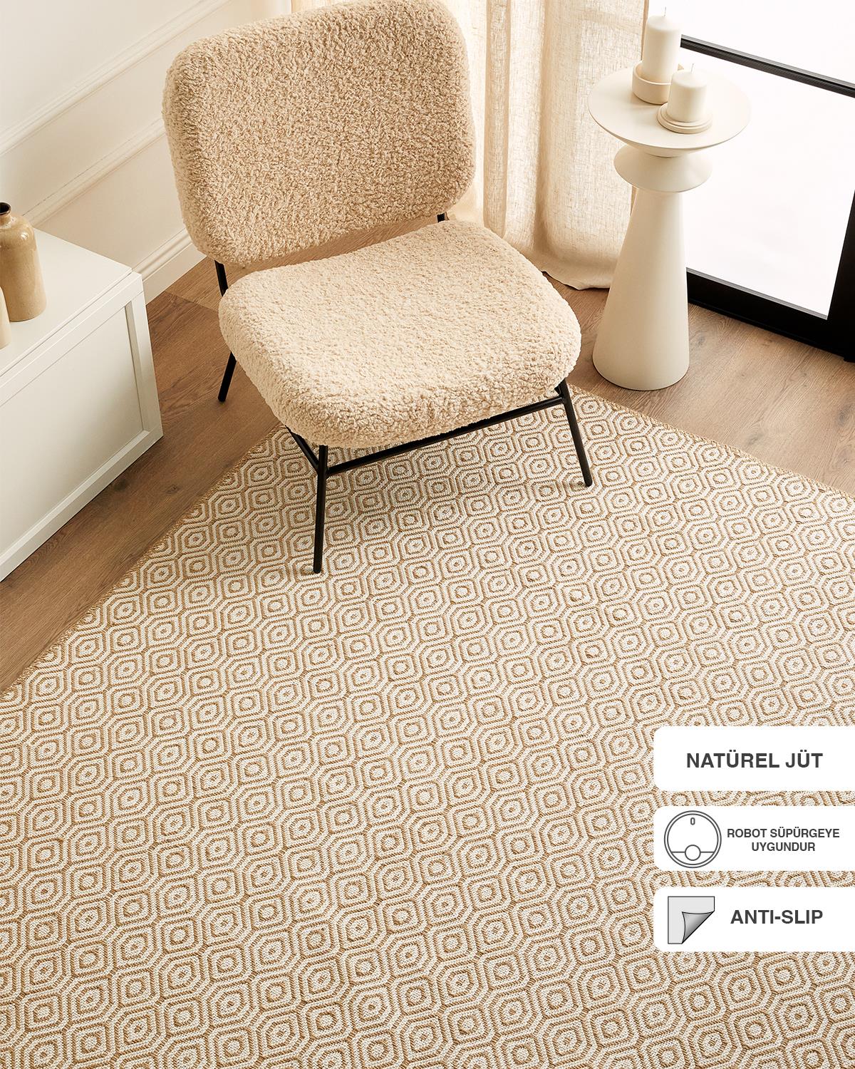 Ocean Home Textile Ekru Renk Karo Desenli Jüt Halı Kilim 160 x 230 cm