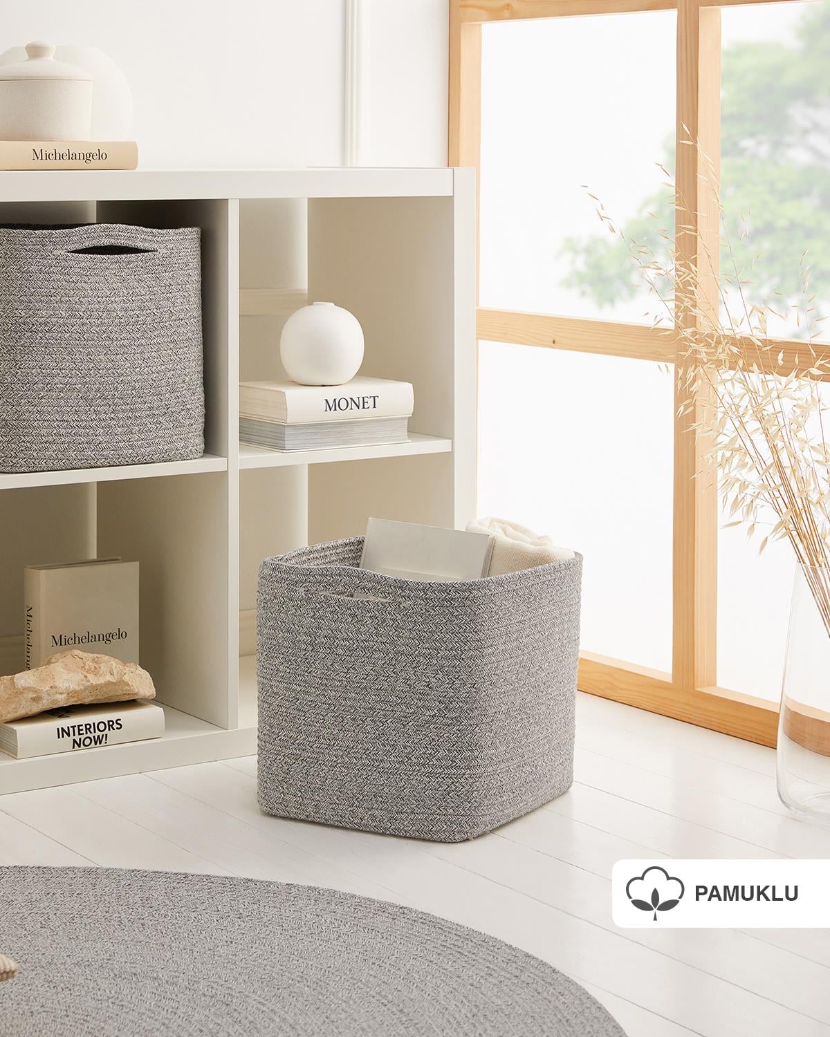 Ocean Home Textile Gri Kırçıllı Pamuklu Sepet 30 x 30 x 30 cm