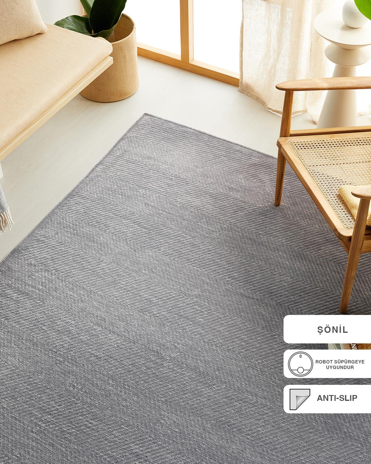 Ocean Home Textile Gri Renk Balıksırtı Şönil Halı Kilim 120 x 180 cm