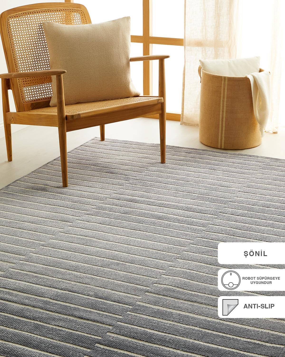 Ocean Home Textile Gri Renk Çizgi Desenli Şönil Halı Kilim 120 x 180 cm
