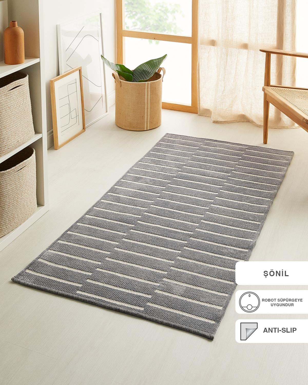 Ocean Home Textile Gri Renk Çizgi Desenli Şönil Halı Kilim 80 x 150 cm