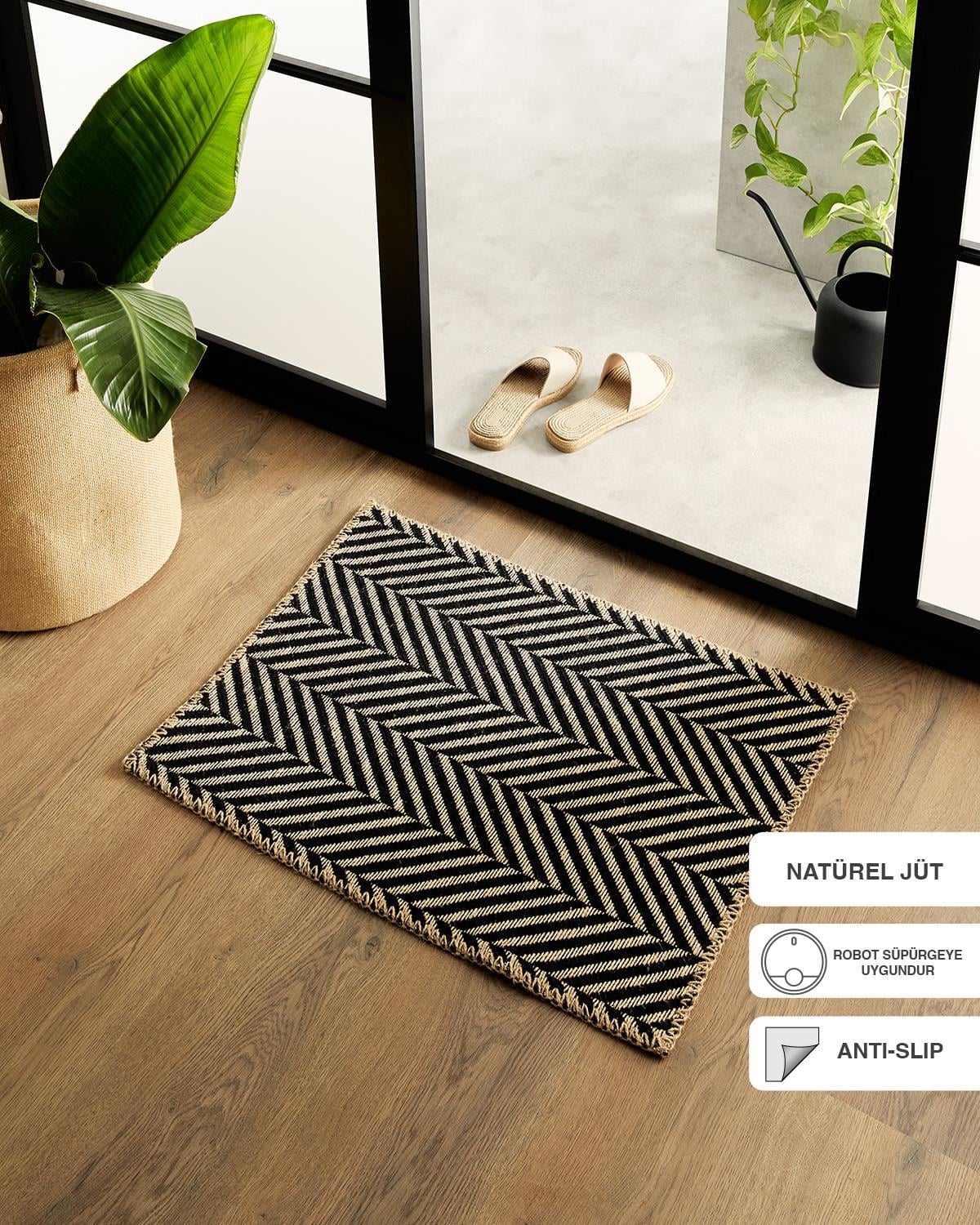 Ocean Home Textile Siyah Renk Balıksırtı Jüt Paspas 50 x 70 cm