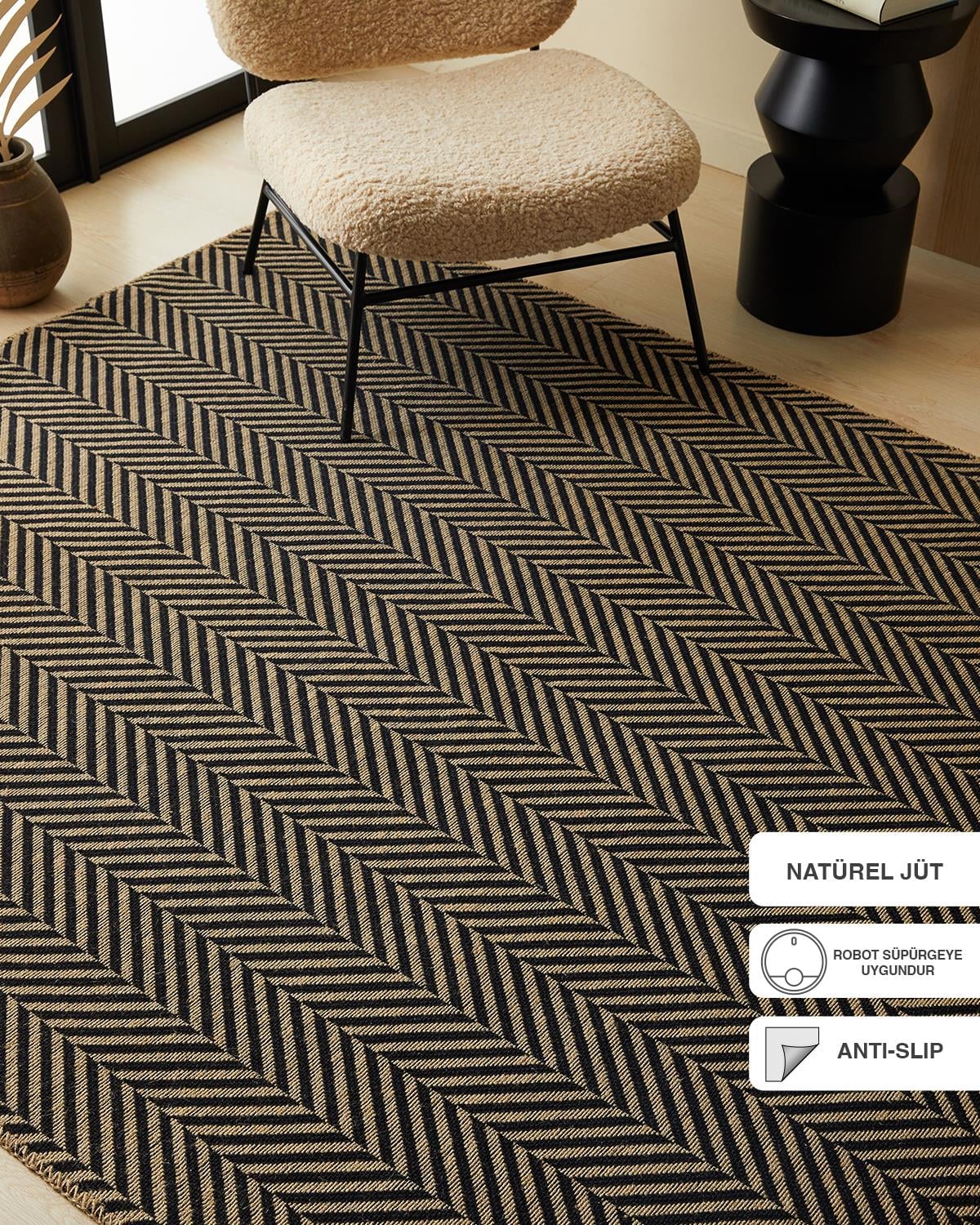 Ocean Home Textile Siyah Renk Balıksırtı Jüt Halı Kilim 160 x 230 cm