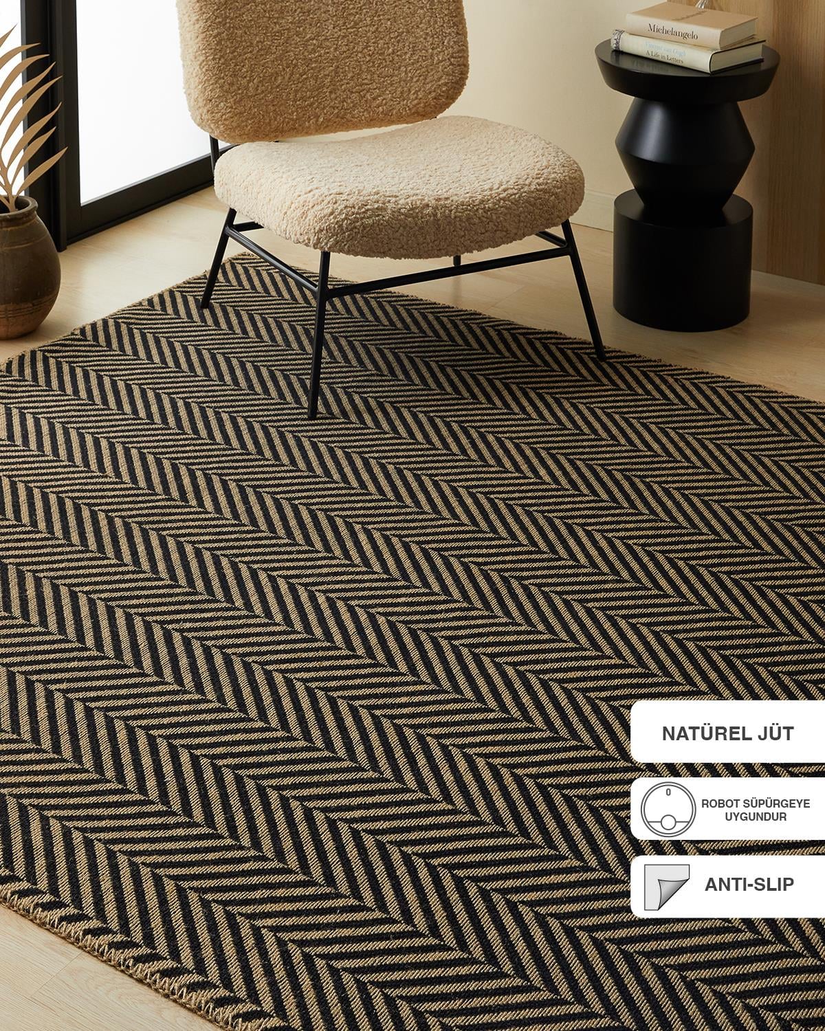 Ocean Home Textile Siyah Renk Balıksırtı Jüt Halı Kilim 120 x 180 cm
