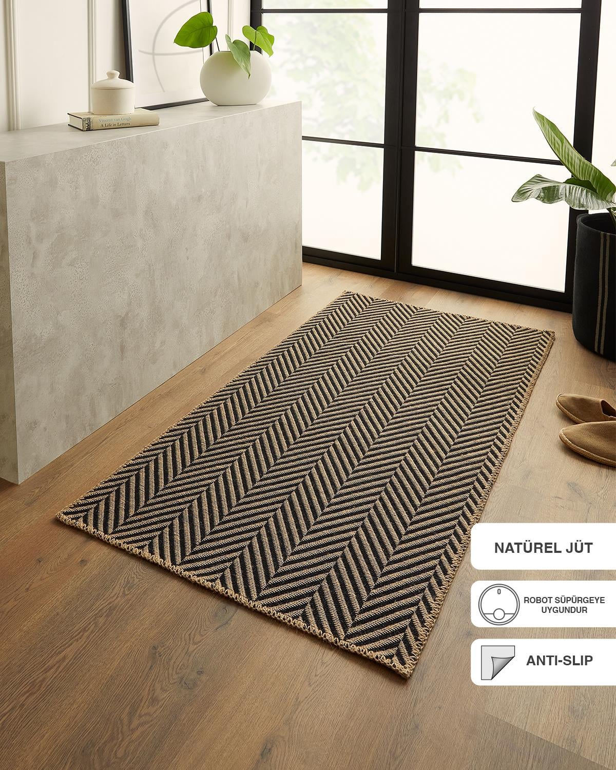 Ocean Home Textile Siyah Renk Balıksırtı Jüt Halı Kilim