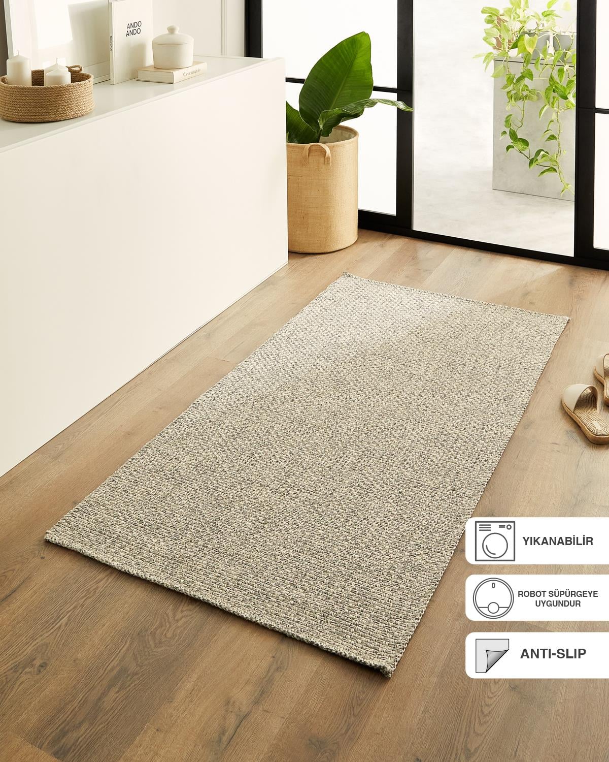 Ocean Home Textile Yıkanabilir Jüt Görünümlü Gri Renk Hasır Desenli Halı Kilim 80 x 150 cm