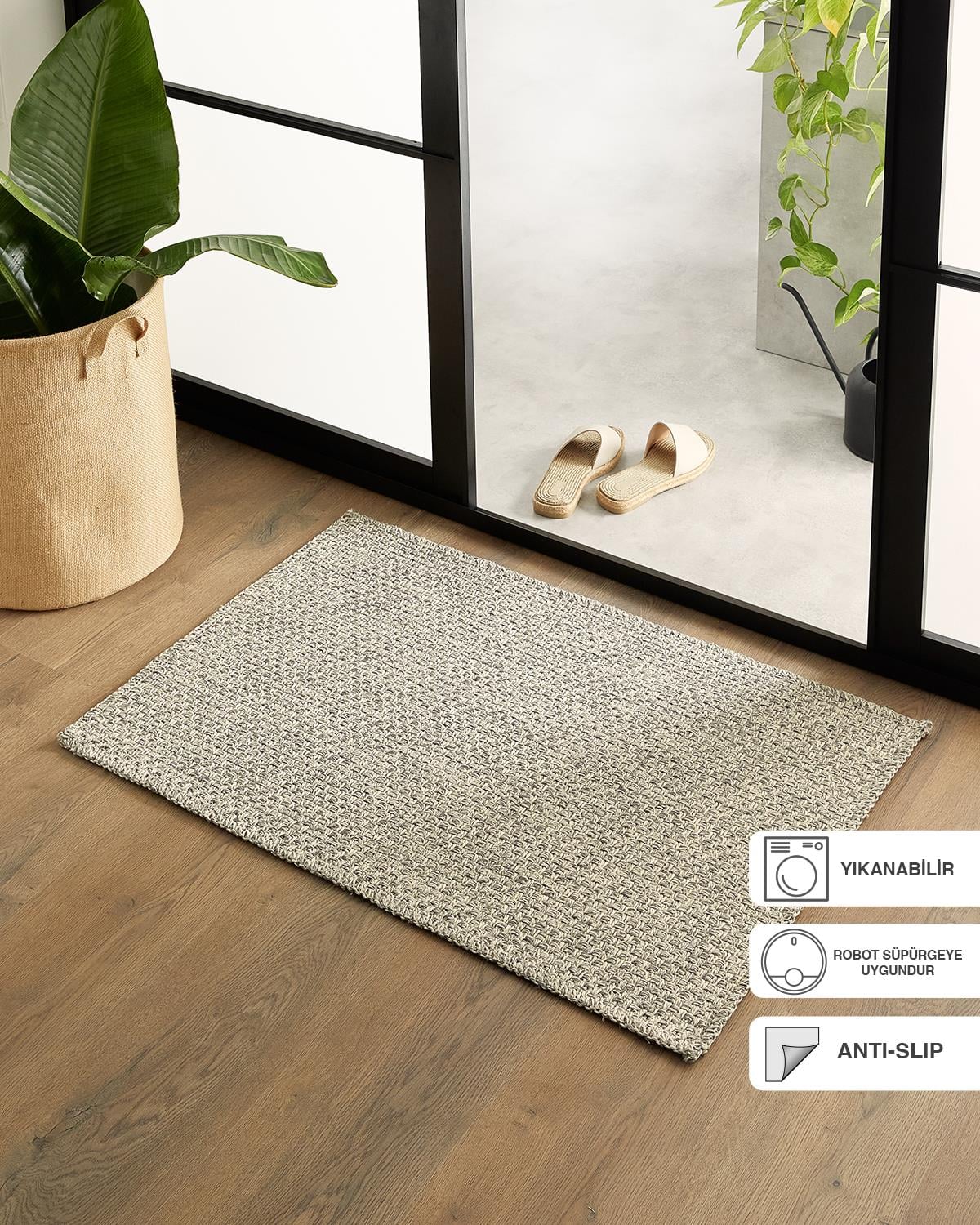 Ocean Home Textile Yıkanabilir Jüt Görünümlü Gri Renk Hasır Desenli Paspas 60 x 90 cm