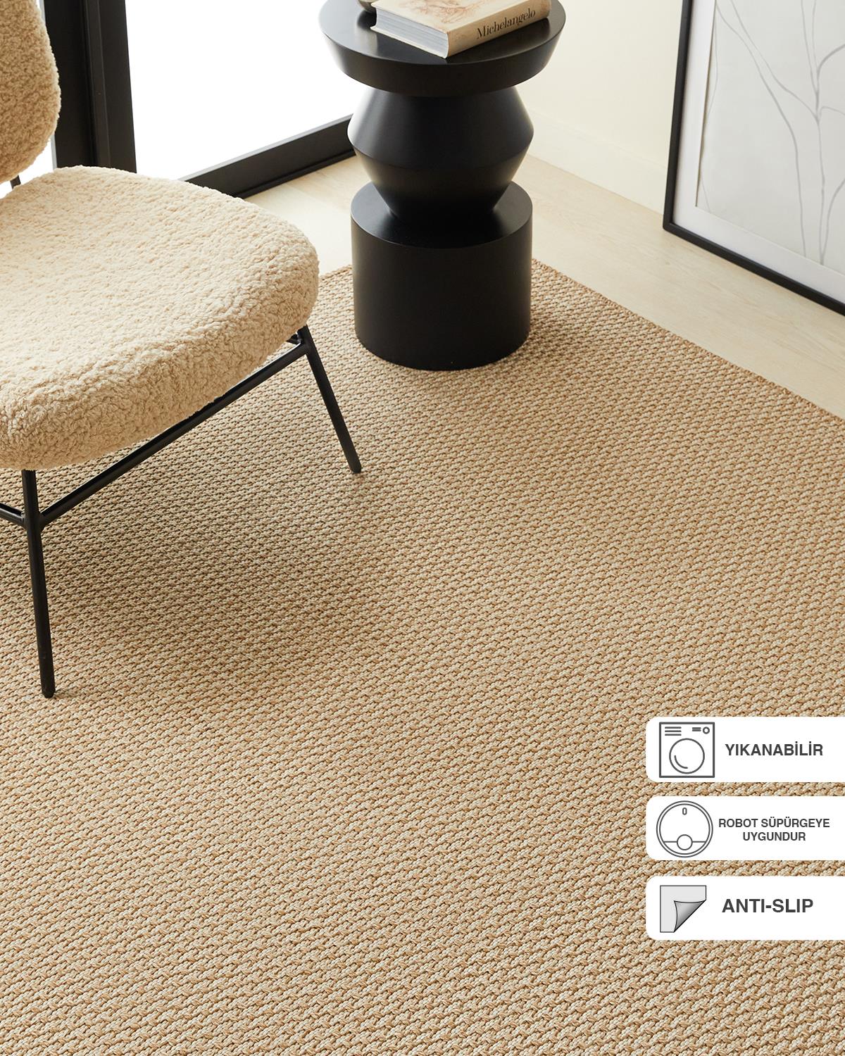 Ocean Home Textile Yıkanabilir Jüt Görünümlü Ekru Naturel Renk Hasır Desenli Halı Kilim 160 x 230 cm