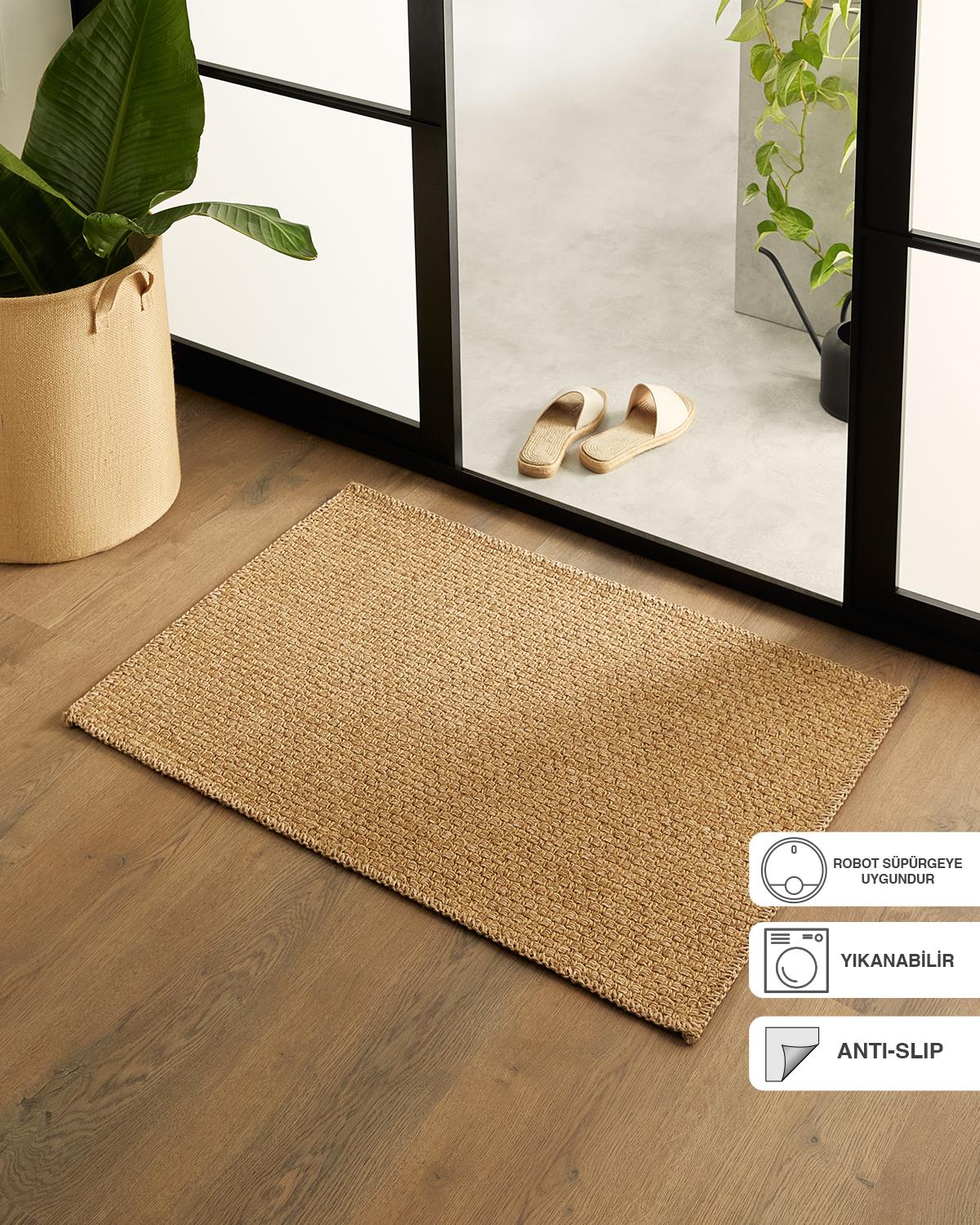 Ocean Home Textile Yıkanabilir Jüt Görünümlü Naturel Renk Hasır Desenli Paspas 60 x 90 cm