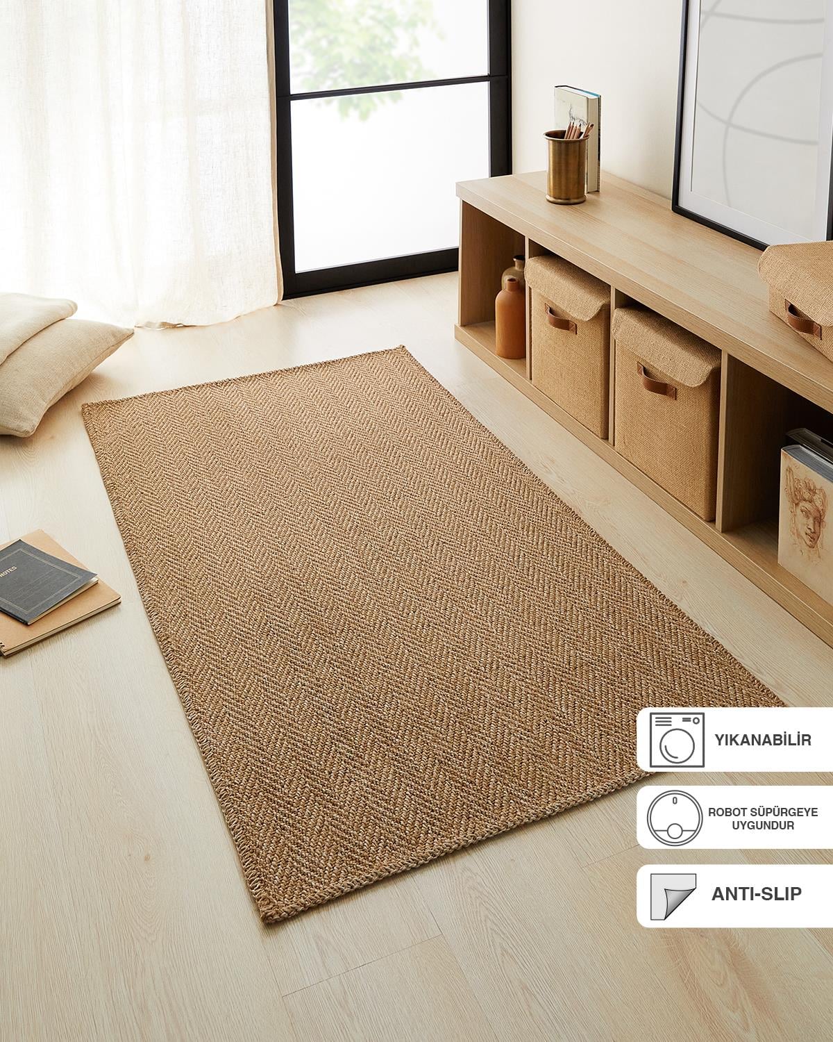 Ocean Home Textile Yıkanabilir Jüt Görünümlü Naturel Renk Balıksırtı Halı Kilim