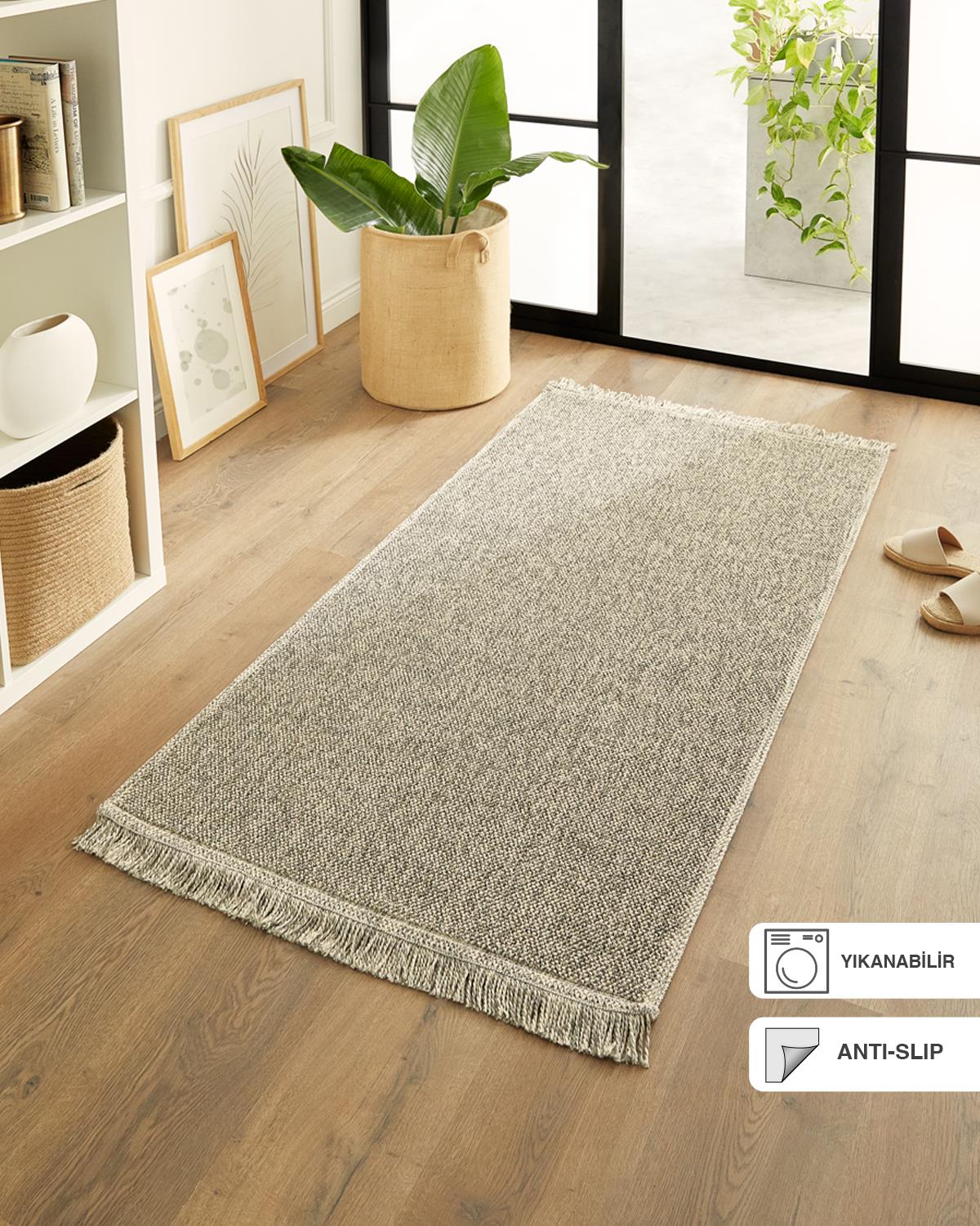 Ocean Home Textile Yıkanabilir Saçaklı Buklet Gri Renk Halı Kilim 80 x 150 cm