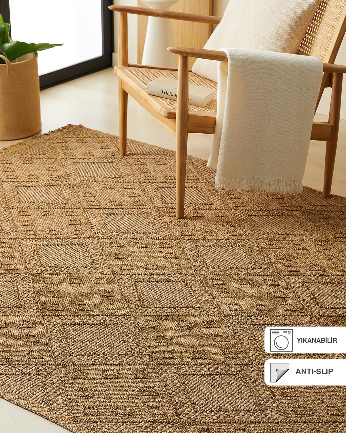 Ocean Home Textile Yıkanabilir Saçaklı Jüt Görünümlü Naturel Renk Karo Desenli Halı Kilim 120 x 180 cm