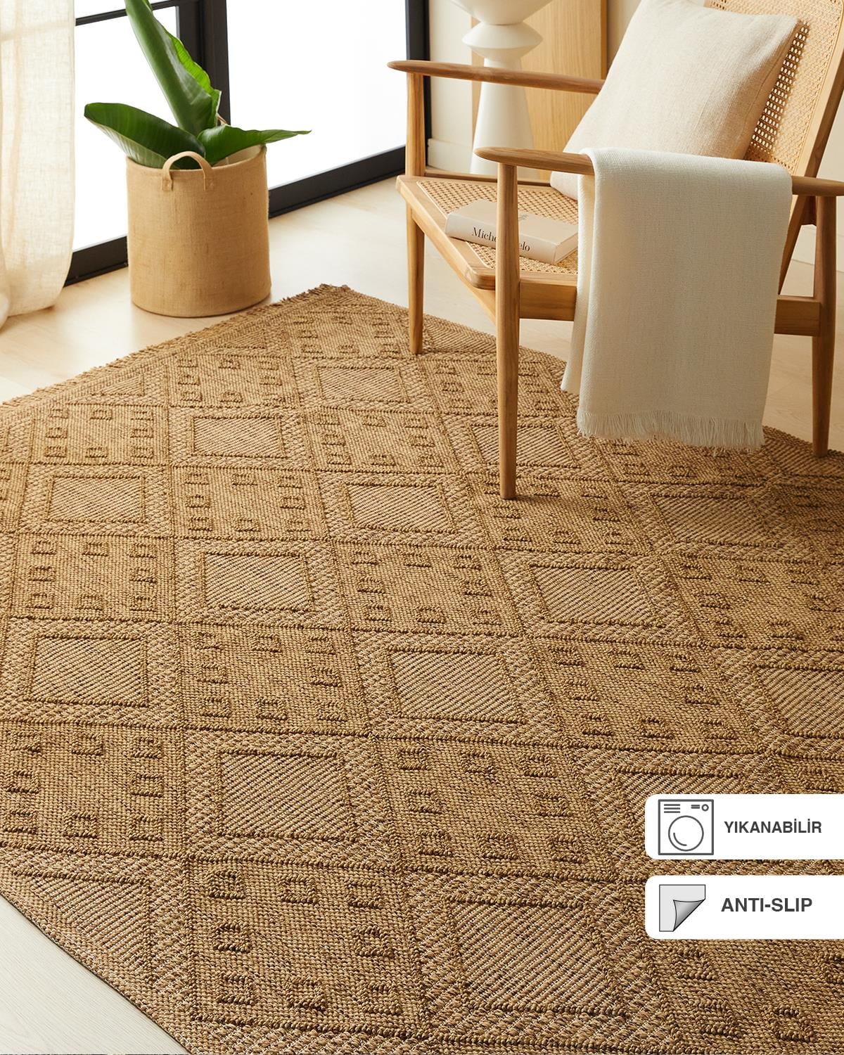 Ocean Home Textile Yıkanabilir Saçaklı Jüt Görünümlü Naturel Renk Karo Desenli Halı Kilim 160 x 230 cm
