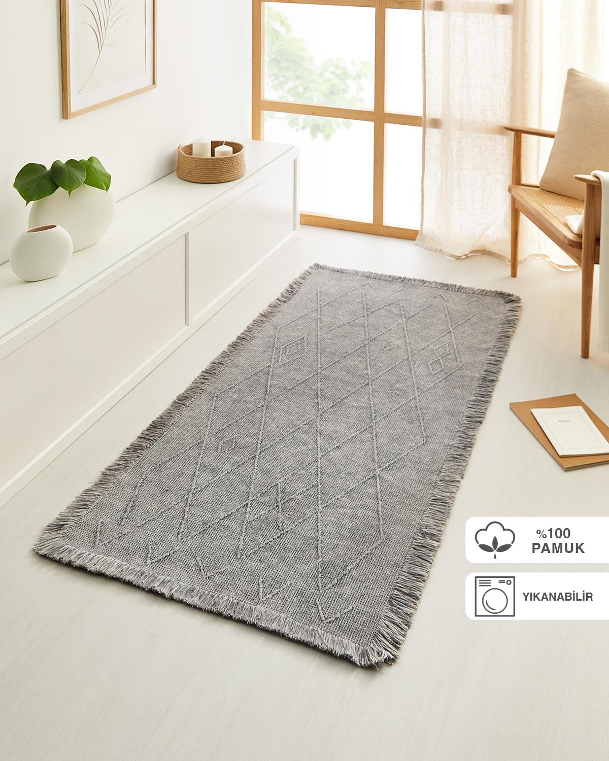 Ocean Home Textile Yıkanabilir Saçaklı Antrasit Renk Pamuklu Halı Kilim 70 x 160 cm