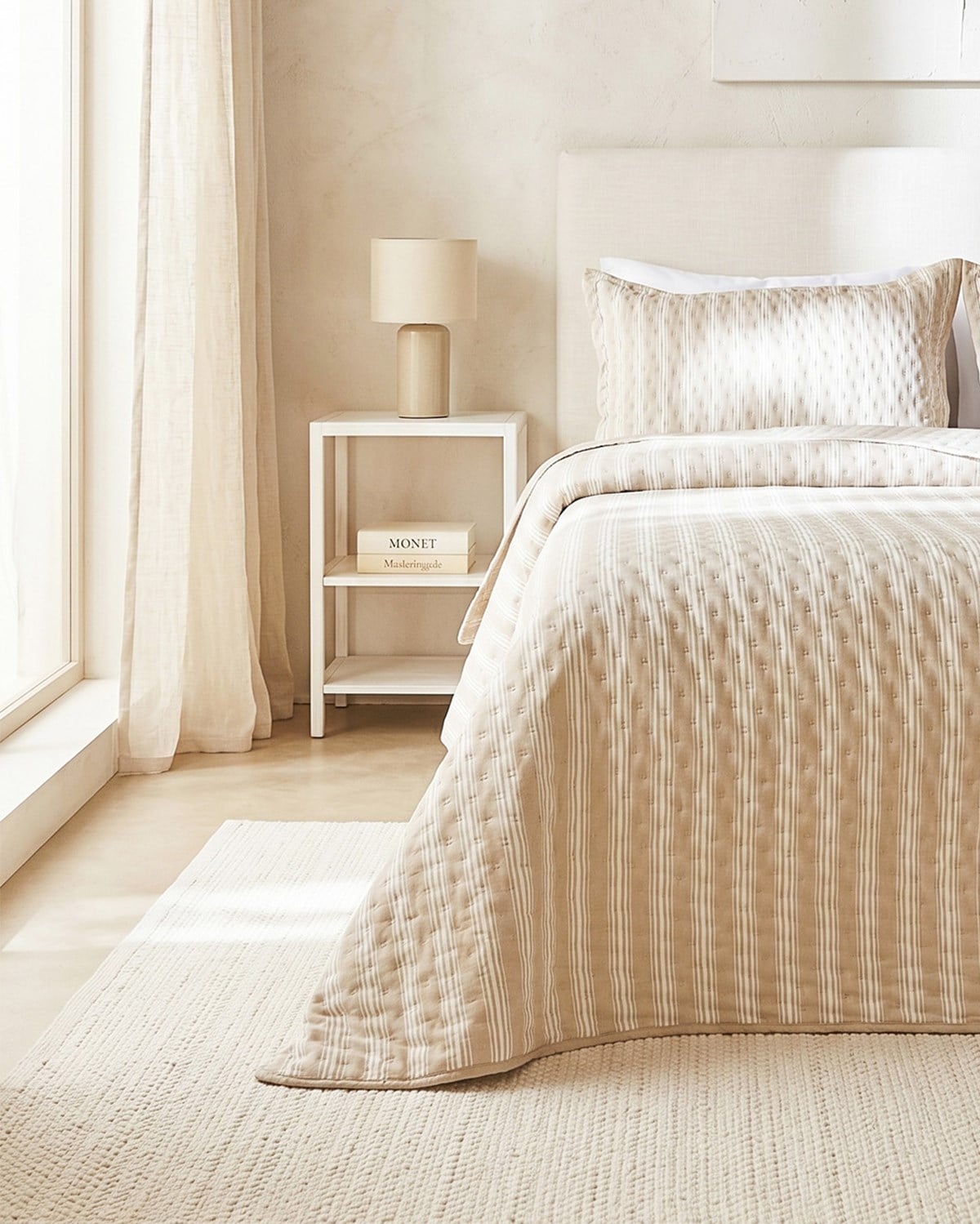Pamuklu Kaapitoneli Bej Renk Çizgi Desen Tek Kişilik Yatak Örtüsü Seti 1 Adet 160 x 230 / 1 Adet 50 x 70 cm
