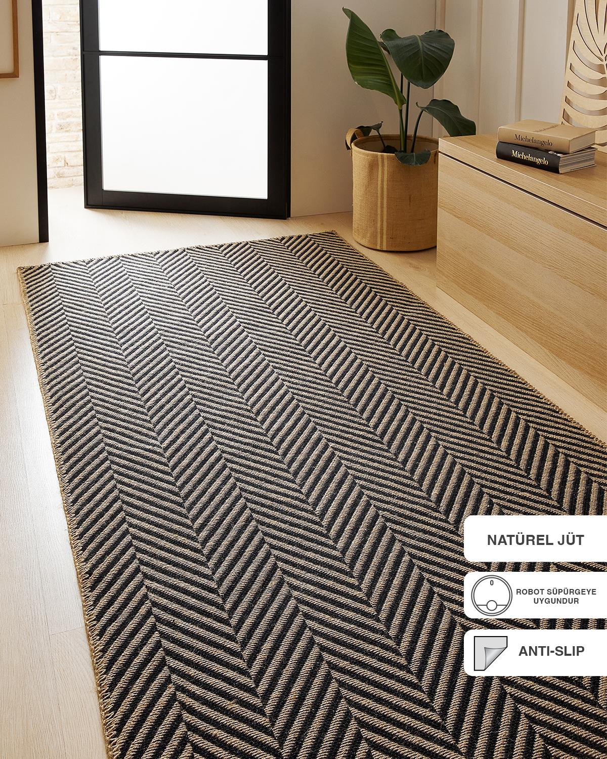 Siyah Renk Balıksırtı Jüt Halı Kilim 100 x 300 cm