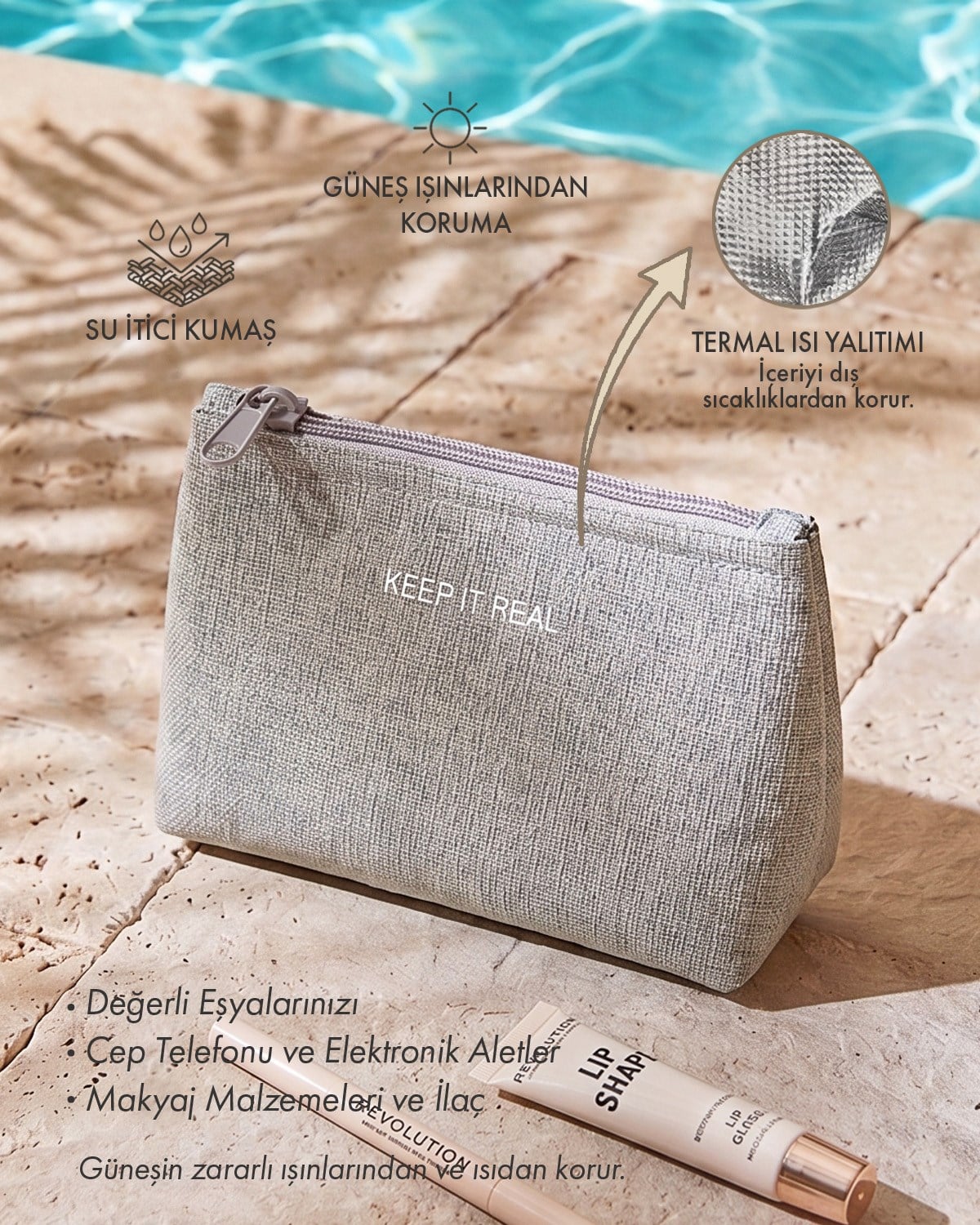 Termal Astarlı Su İtici Leke Tutmaz Gri Renk Jüt Keten Makyaj İlaç Çantası 15 x 11 x 6 cm