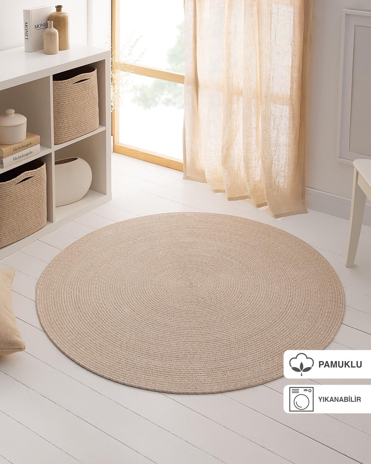 Yıkanabilir Bej Kırçıllı Pamuklu Halı Kilim Ø 120 cm