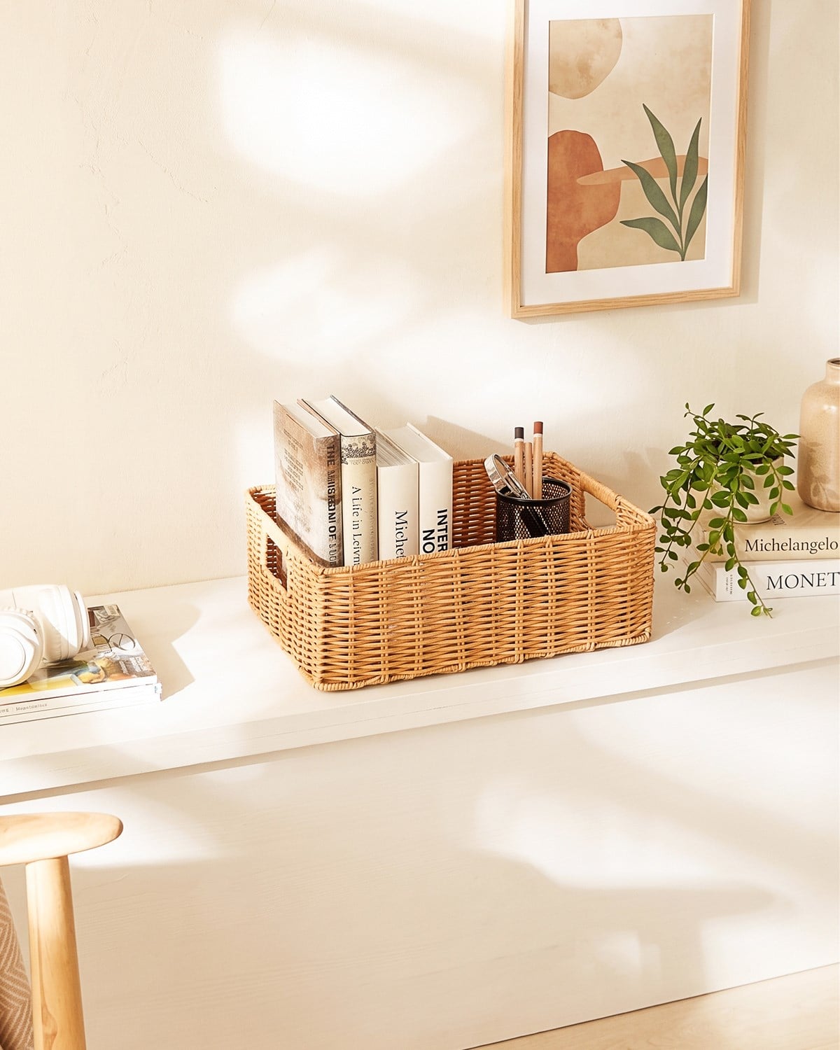 Yıkanabilir Bej PP Rattan Sepet 39 x 29 x 13 cm