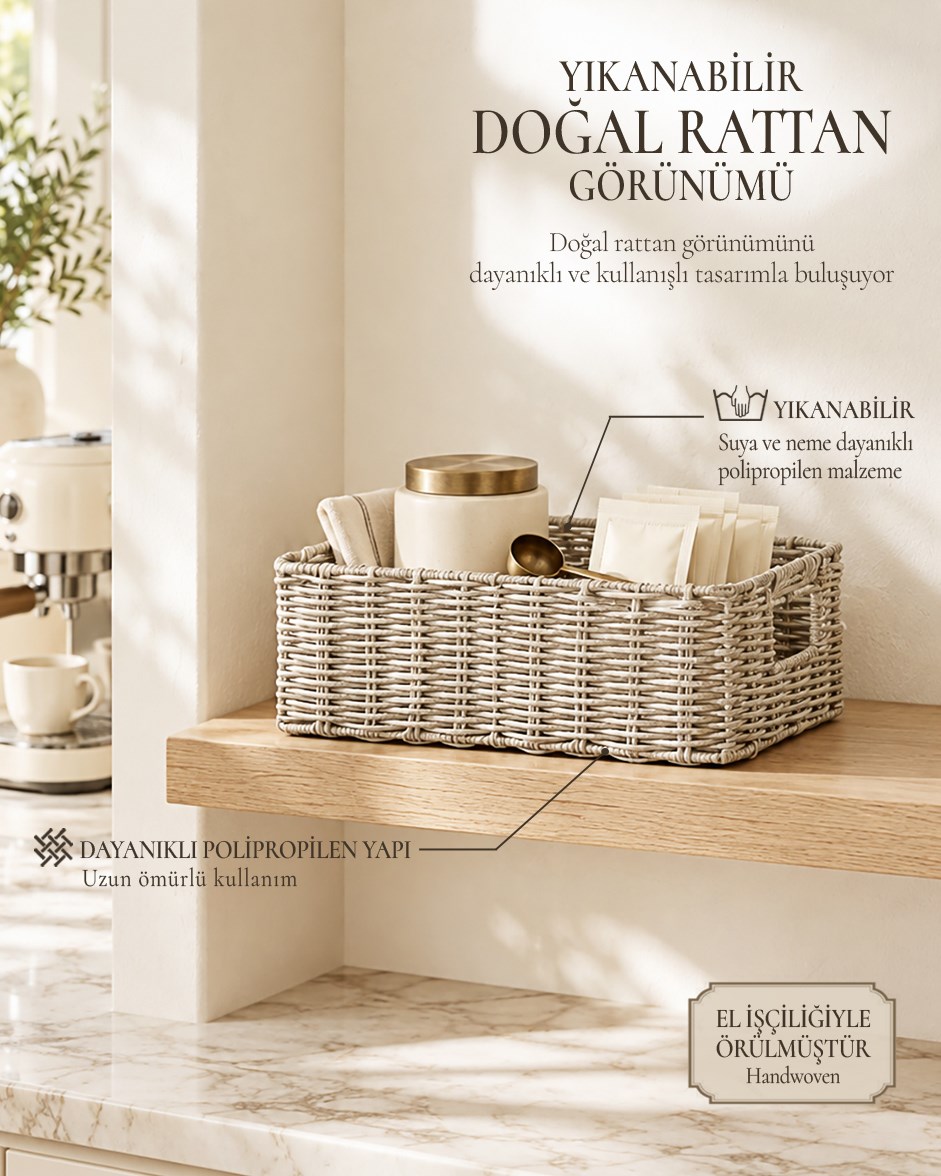 Yıkanabilir Gri PP Rattan Sepet 33 x 23 x 11 cm